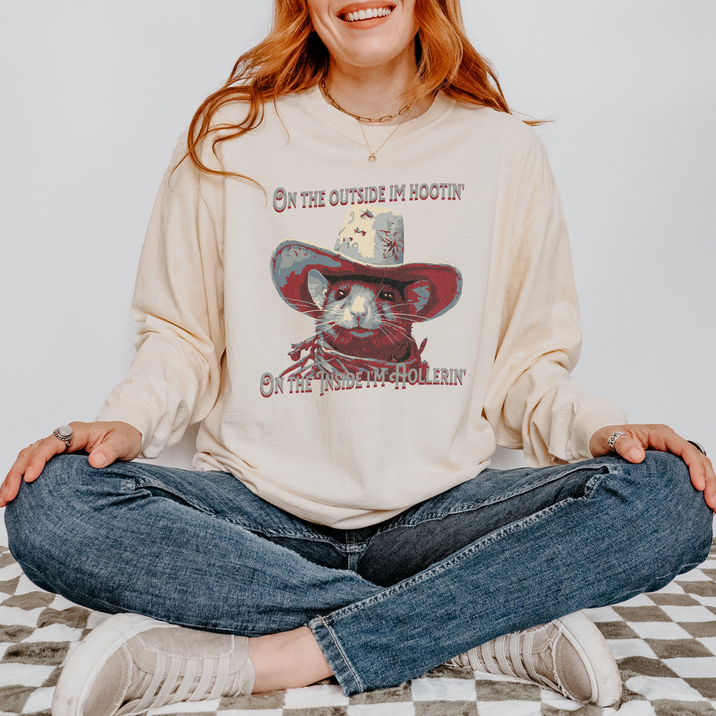 Rat Meme long sleeve graphic shirt featuring "On The Outside I'm Hootin'" Comfort Colors