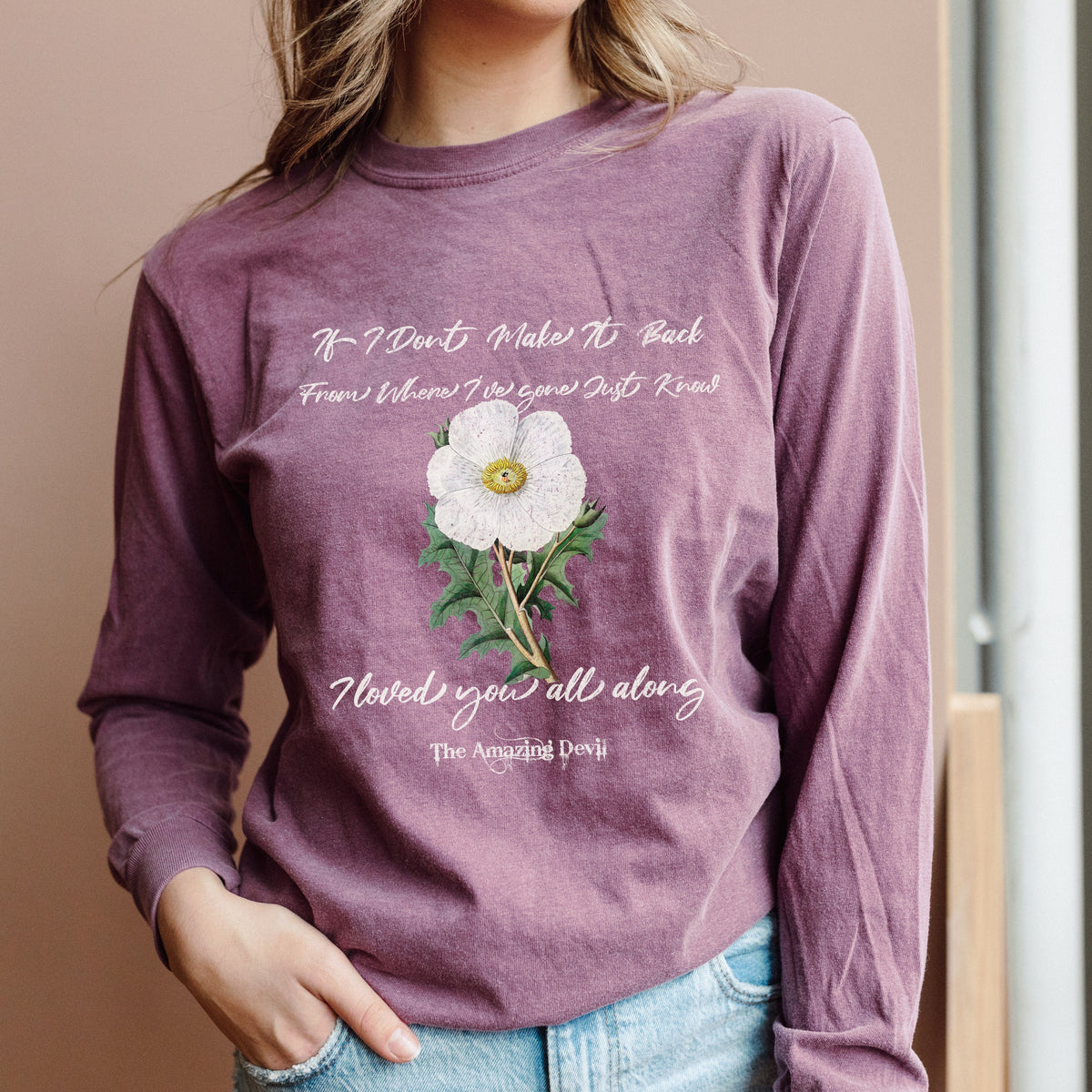 Inkpot God" The Amazing Devil long sleeve graphic shirt featuring "If I Don't Make It Back" Comfort Colors in Berry