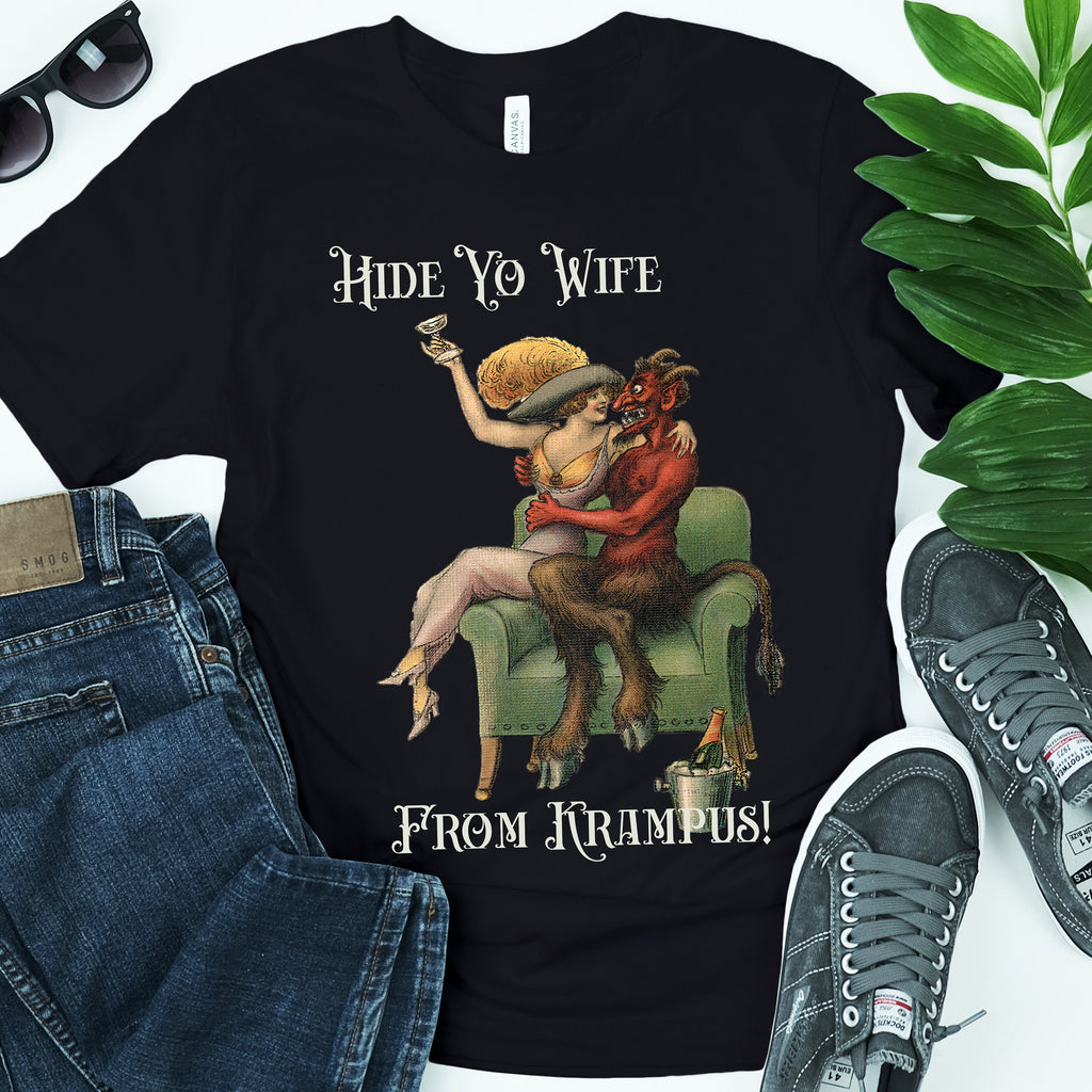 Creepy Krampus Christmas graphic shirt featuring "Hide Yo' Wife" Funny Holiday Tee