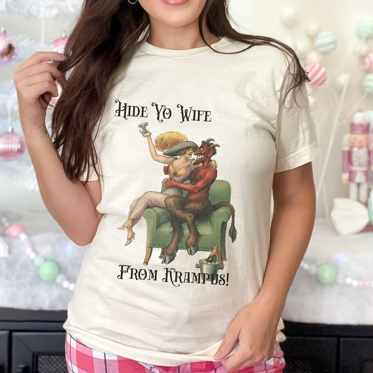 Creepy Krampus Christmas graphic shirt featuring "Hide Yo' Wife" Funny Holiday Tee in Black