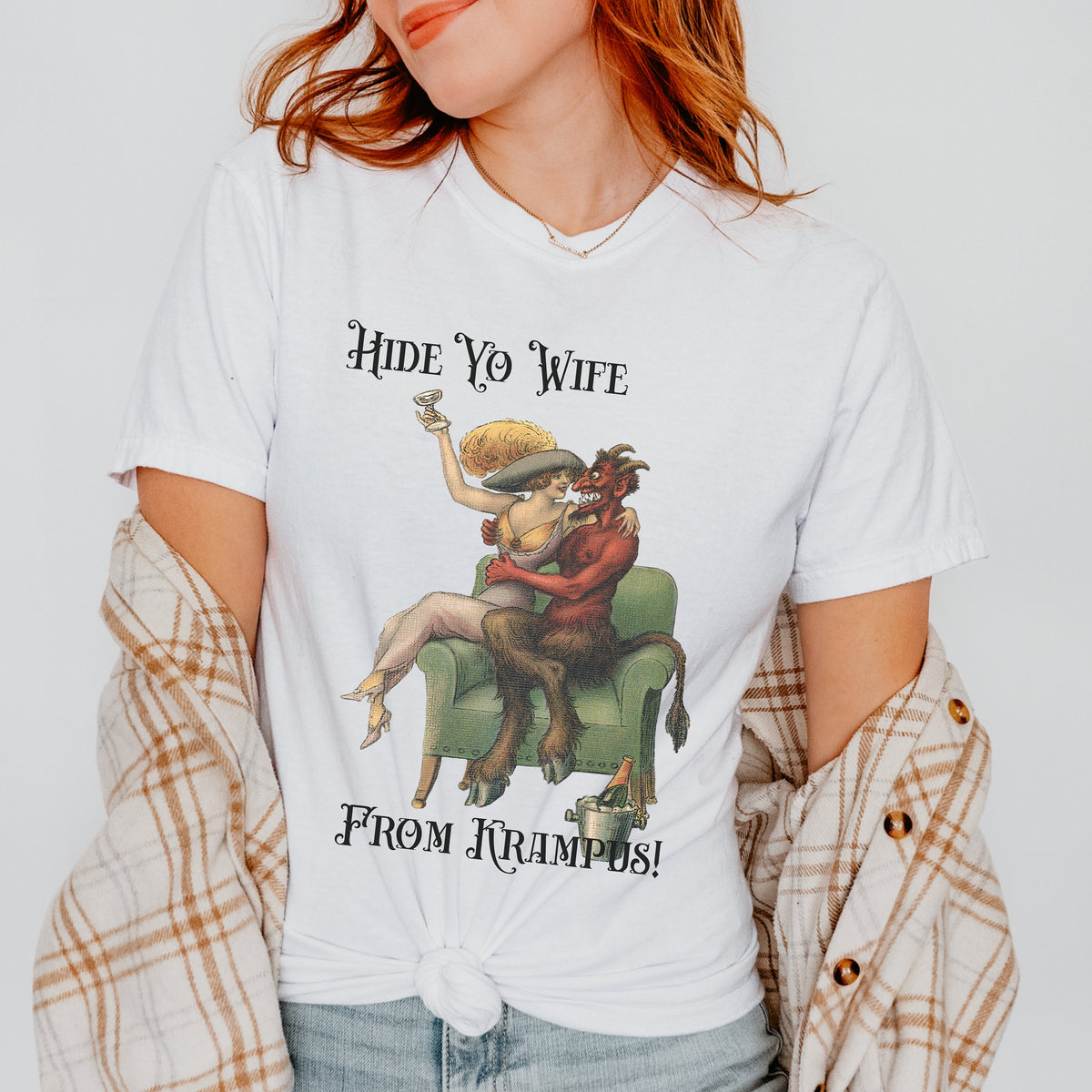Creepy Krampus Christmas graphic shirt featuring "Hide Yo' Wife" Funny Holiday Tee