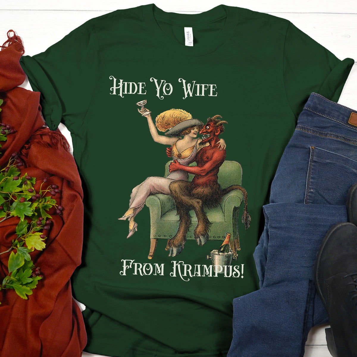 Creepy Krampus Christmas graphic shirt featuring "Hide Yo' Wife" Funny Holiday Tee
