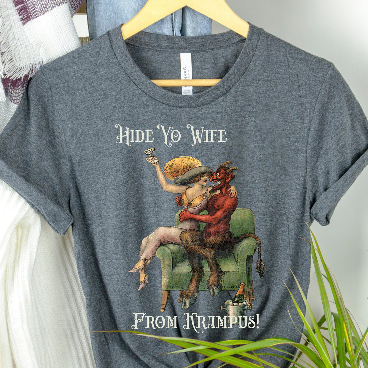 Creepy Krampus Christmas graphic shirt featuring "Hide Yo' Wife" Funny Holiday Tee