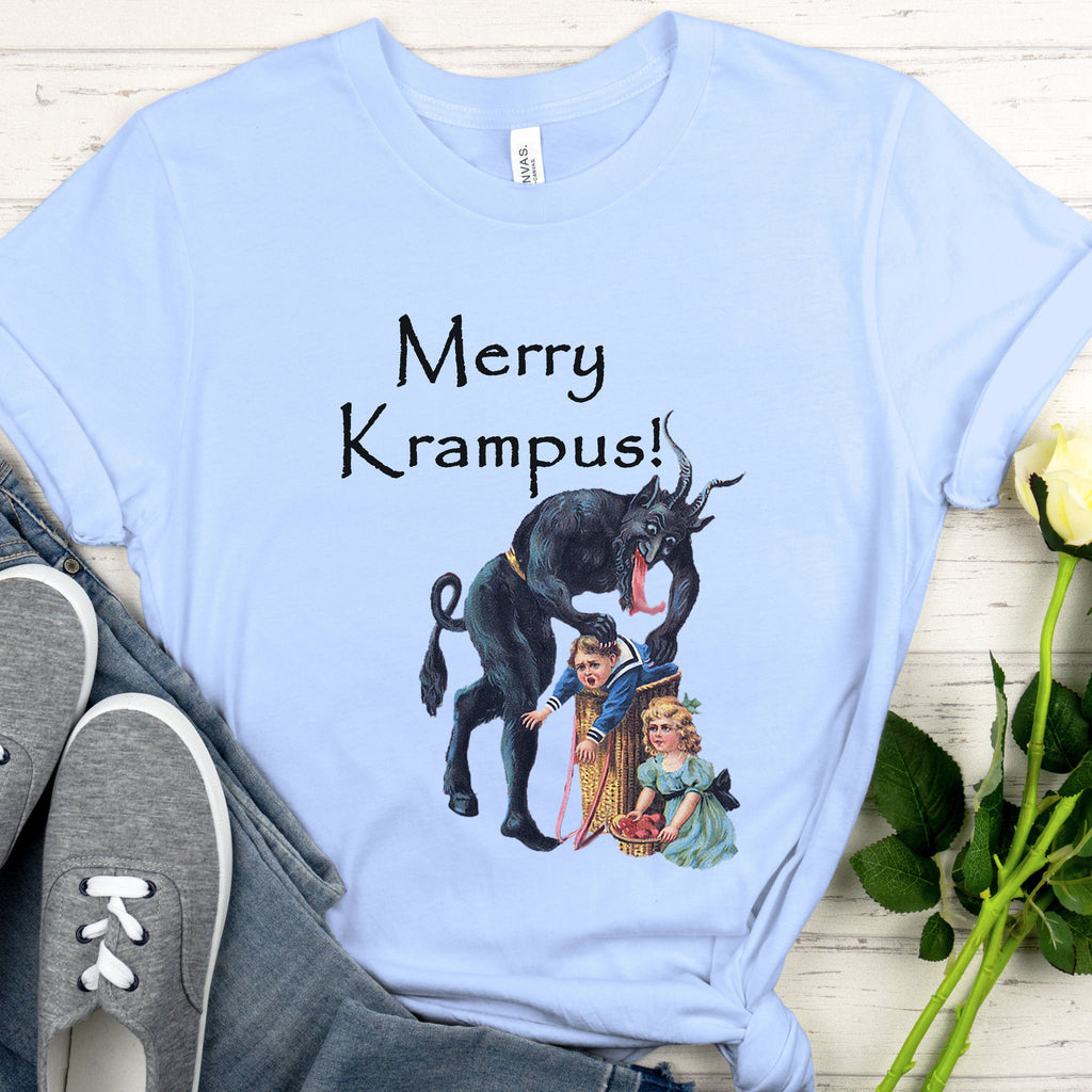 Creepy Krampus Christmas graphic shirt featuring "Merry Krampus" Vintage Holiday Tee
