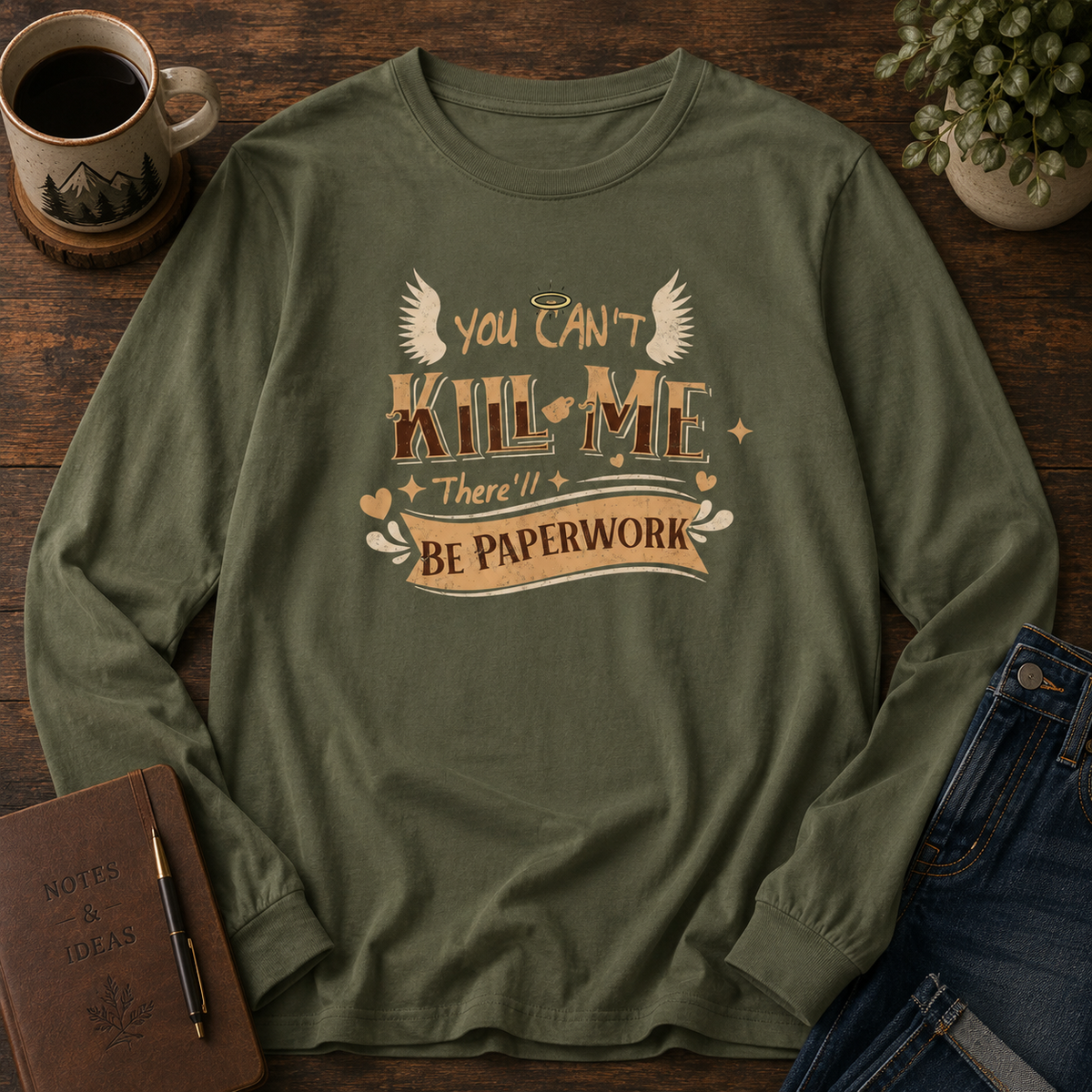 Good Omens Aziraphale long sleeve graphic shirt featuring "You Can't Kill Me" Comfort Colors Shirt in Black