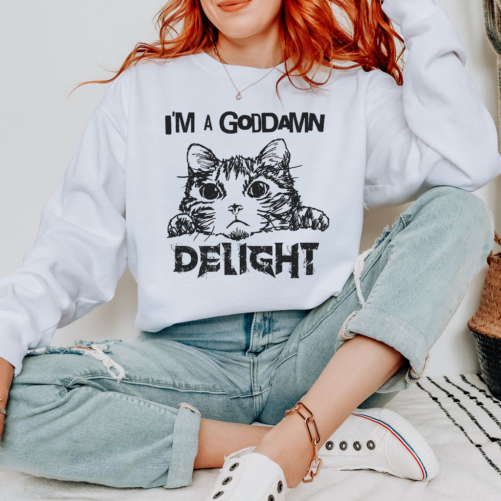 "I am a Delight" Cat Meme graphic sweatshirt featuring Sassy Statement Funny Crewneck in Ash