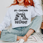 "I am a Delight" Cat Meme graphic sweatshirt featuring Sassy Statement Funny Crewneck in Ash