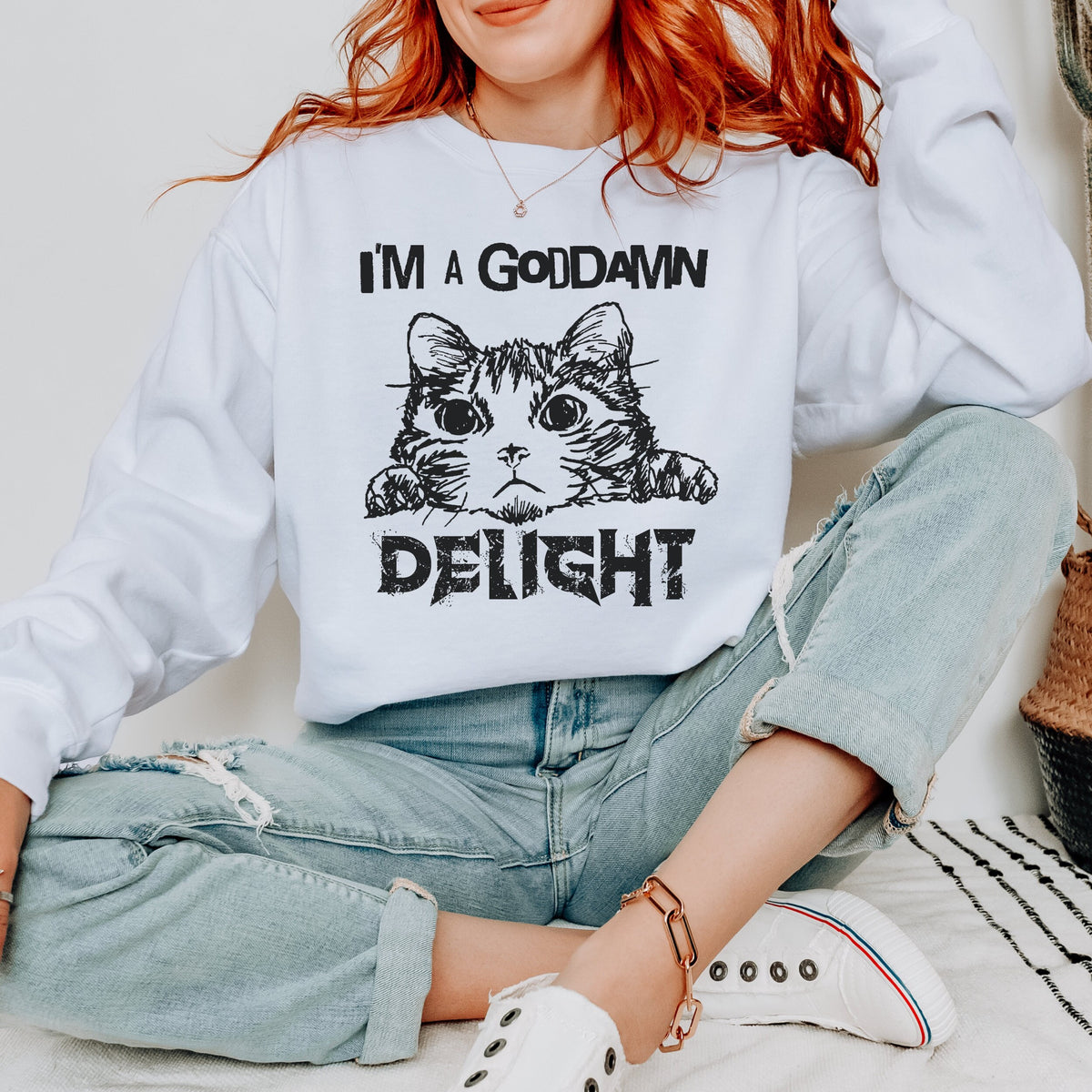 "I am a Delight" Cat Meme graphic sweatshirt featuring Sassy Statement Funny Crewneck in Ash