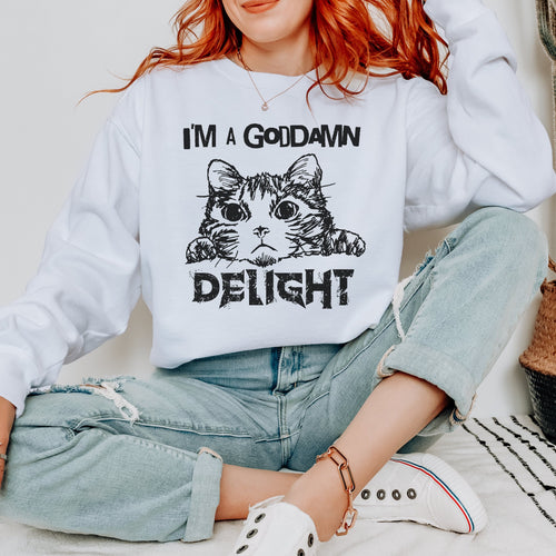 "I am a Delight" Cat Meme graphic sweatshirt featuring Sassy Statement Funny Crewneck in Ash