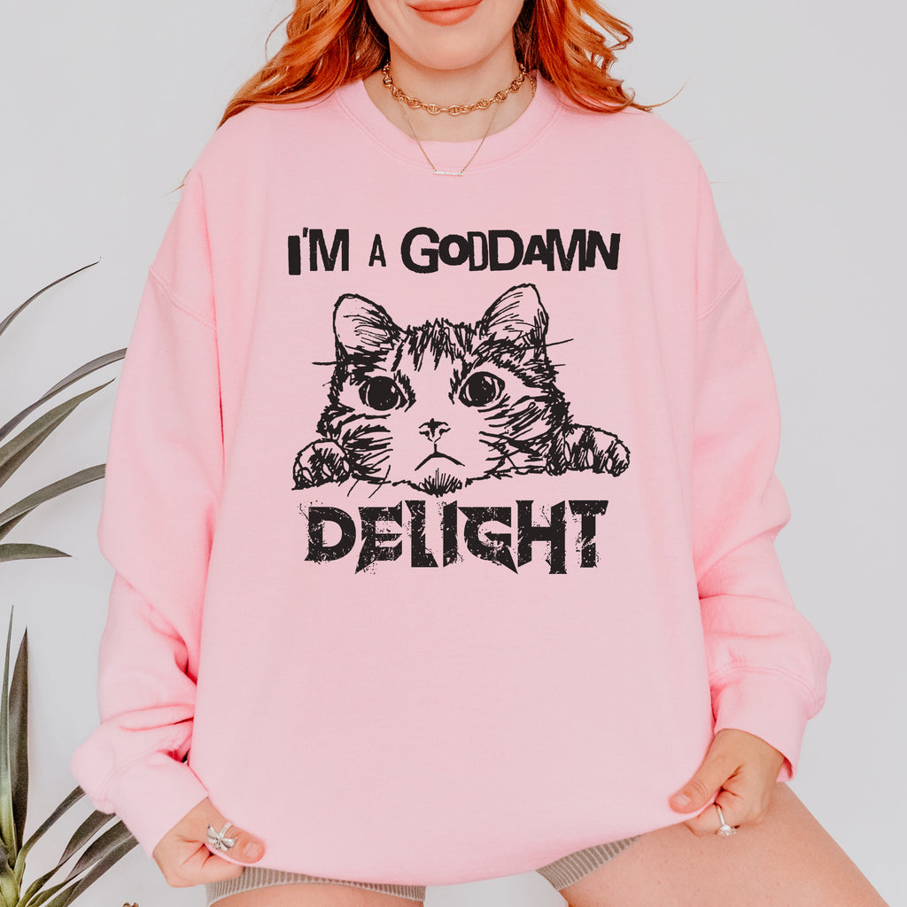"I am a Delight" Cat Meme graphic sweatshirt featuring Sassy Statement Funny Crewneck
