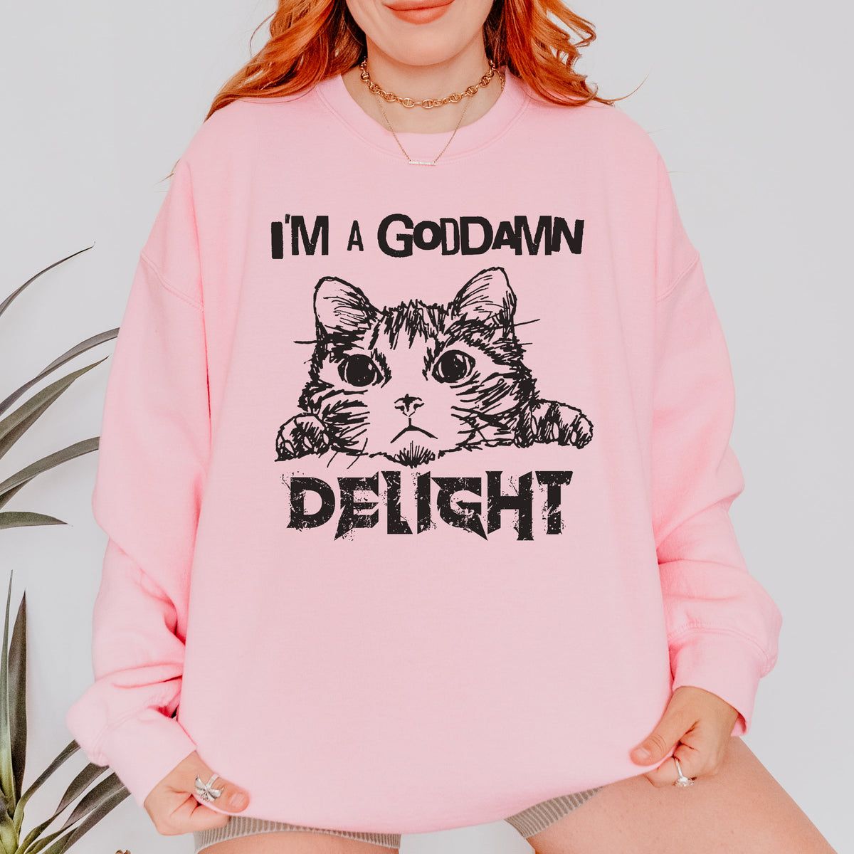 "I am a Delight" Cat Meme graphic sweatshirt featuring Sassy Statement Funny Crewneck