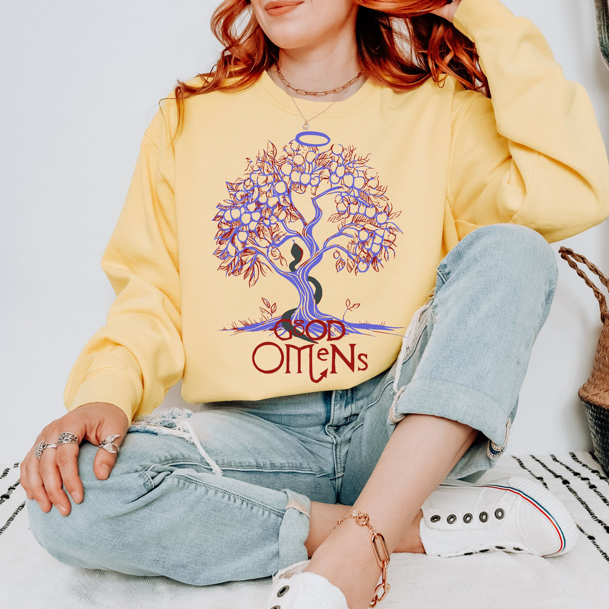 Good Omens Aziraphale & Crowley graphic sweatshirt featuring Tree of Knowledge Comfort Colors Sweatshirt