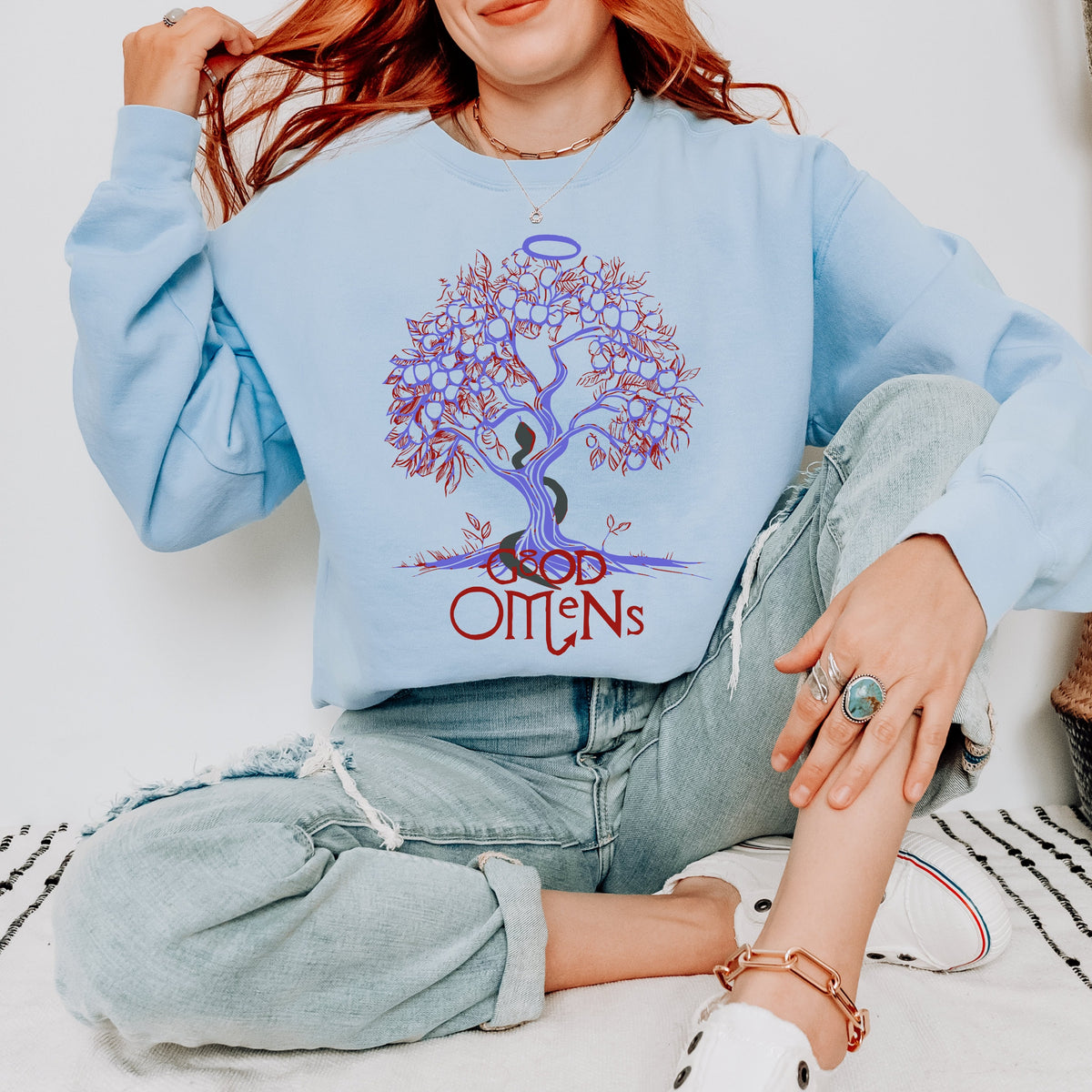 Good Omens Aziraphale & Crowley graphic sweatshirt featuring Tree of Knowledge Comfort Colors Sweatshirt