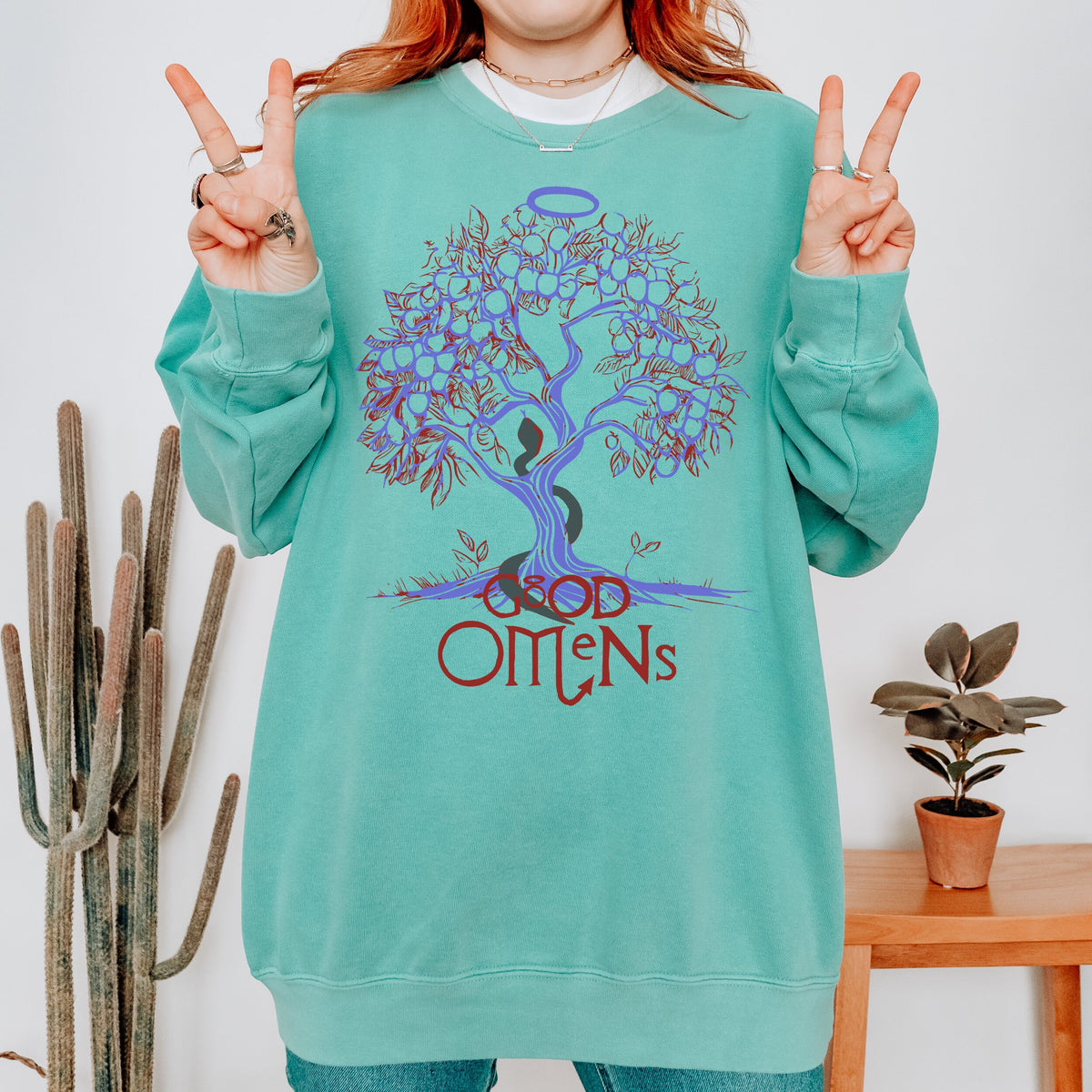 Good Omens Aziraphale & Crowley graphic sweatshirt featuring Tree of Knowledge Comfort Colors Sweatshirt