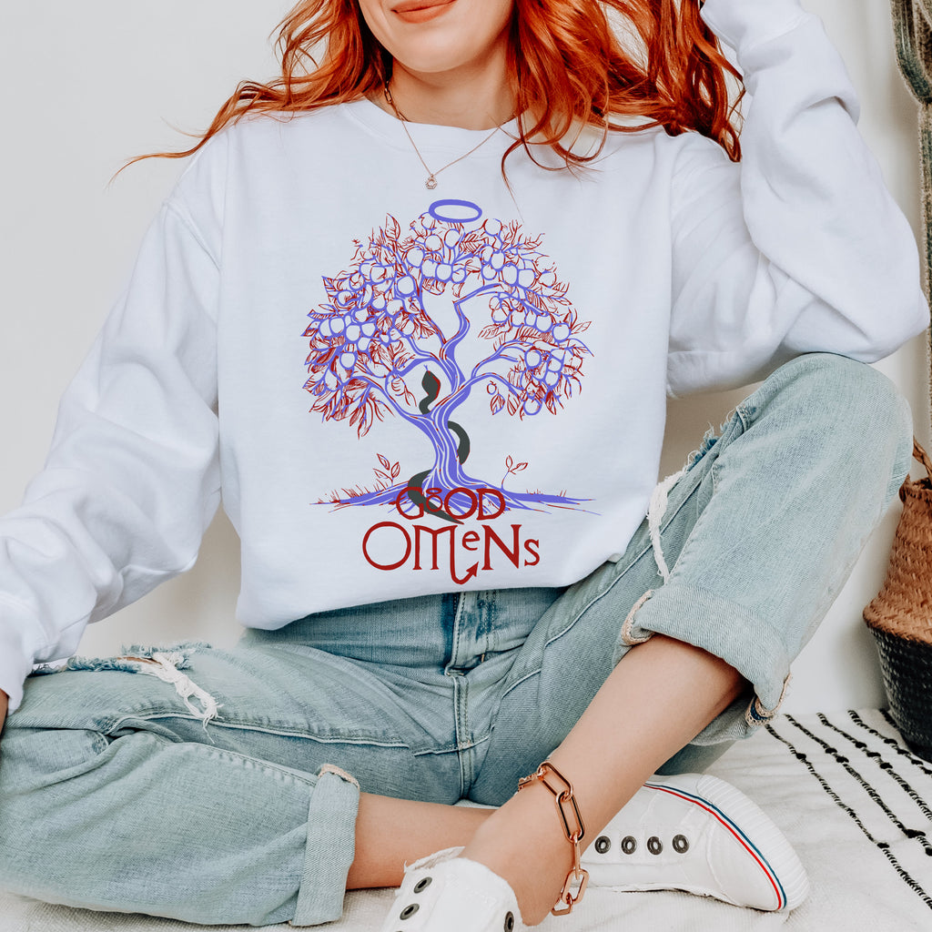 Good Omens Aziraphale & Crowley graphic sweatshirt featuring Tree of Knowledge Comfort Colors Sweatshirt in Butter