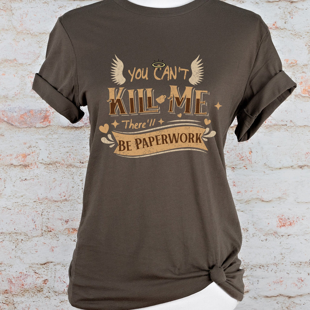 Good Omens Aziraphale graphic shirt featuring "There'll Be Paperwork" Fandom Tee in Army