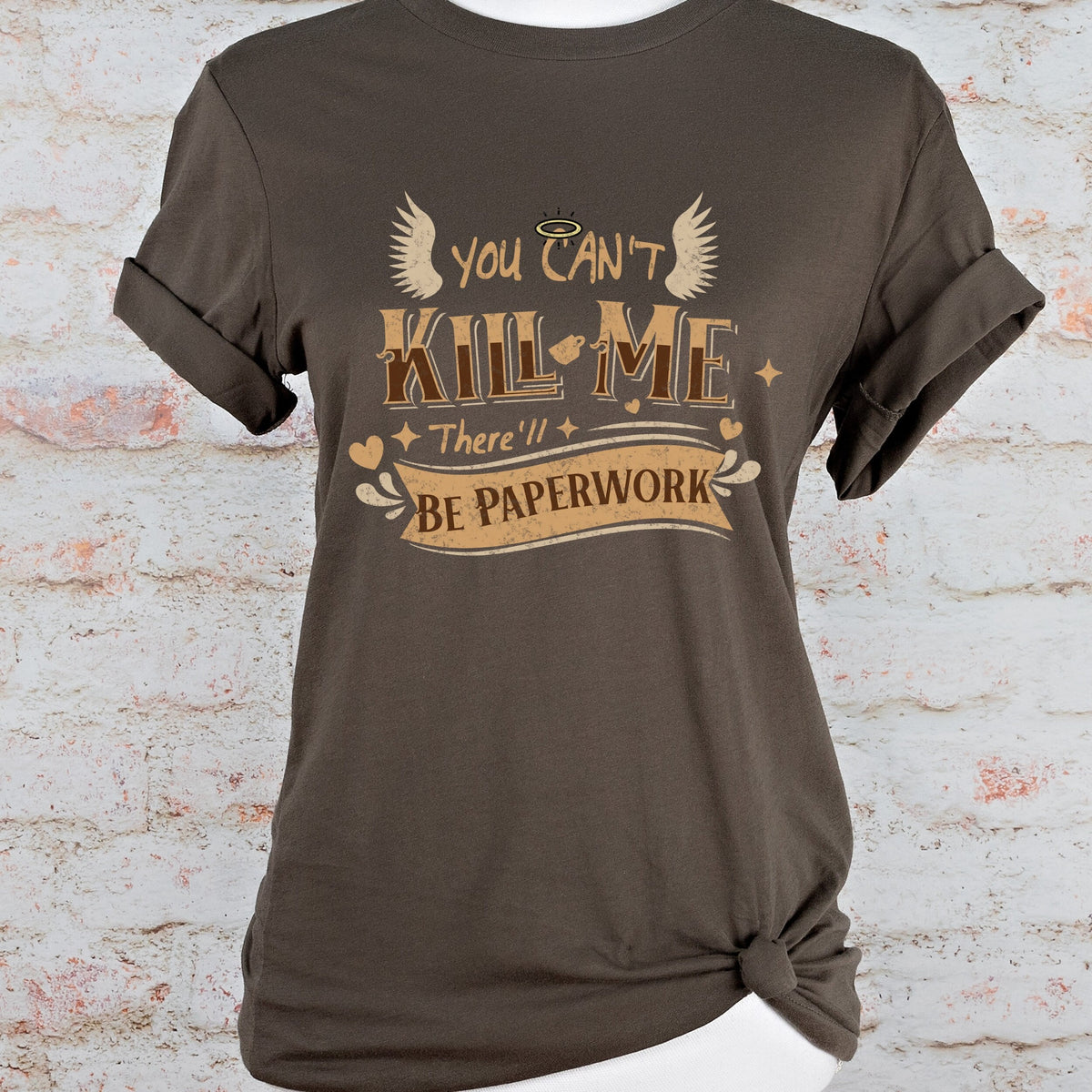 Good Omens Aziraphale graphic shirt featuring "There'll Be Paperwork" Fandom Tee in Army
