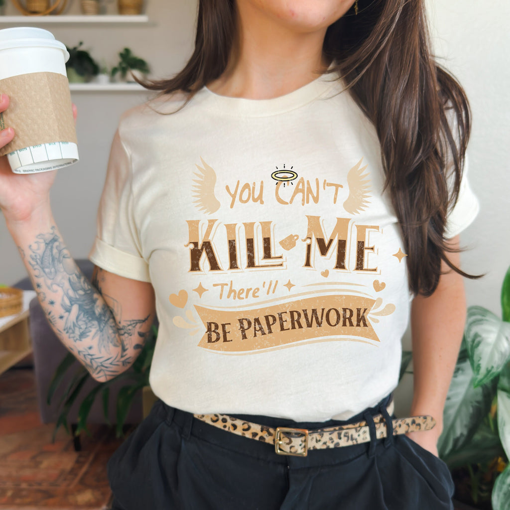 Good Omens Aziraphale graphic shirt featuring "There'll Be Paperwork" Fandom Tee