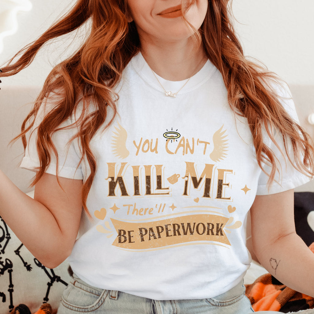 Good Omens Aziraphale graphic shirt featuring "There'll Be Paperwork" Fandom Tee