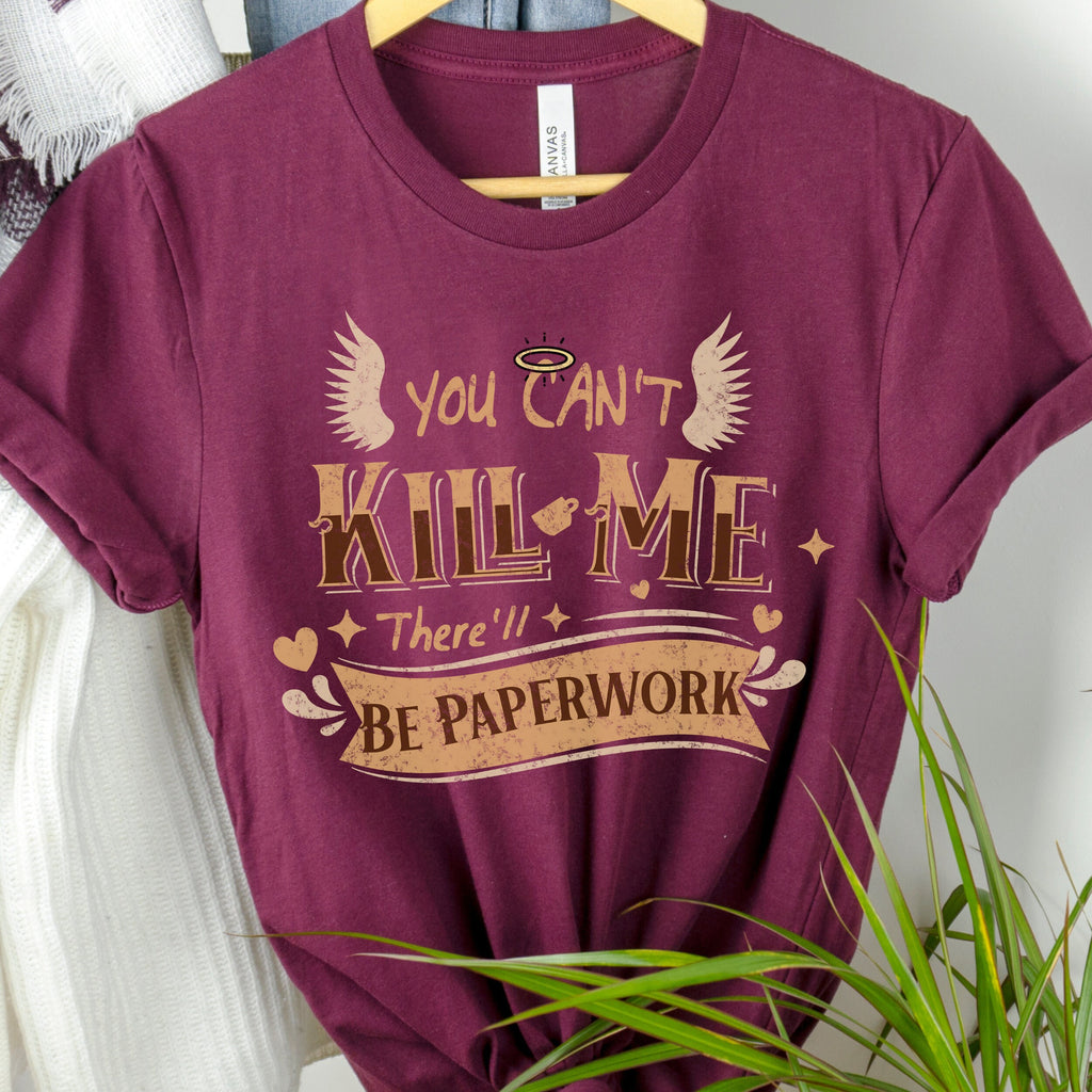 Good Omens Aziraphale graphic shirt featuring "There'll Be Paperwork" Fandom Tee
