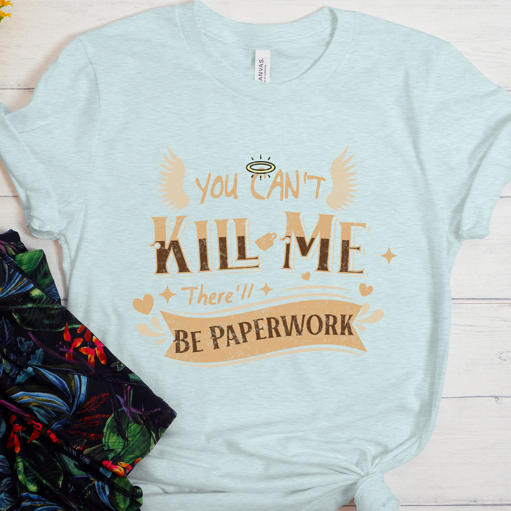 Good Omens Aziraphale graphic shirt featuring "There'll Be Paperwork" Fandom Tee