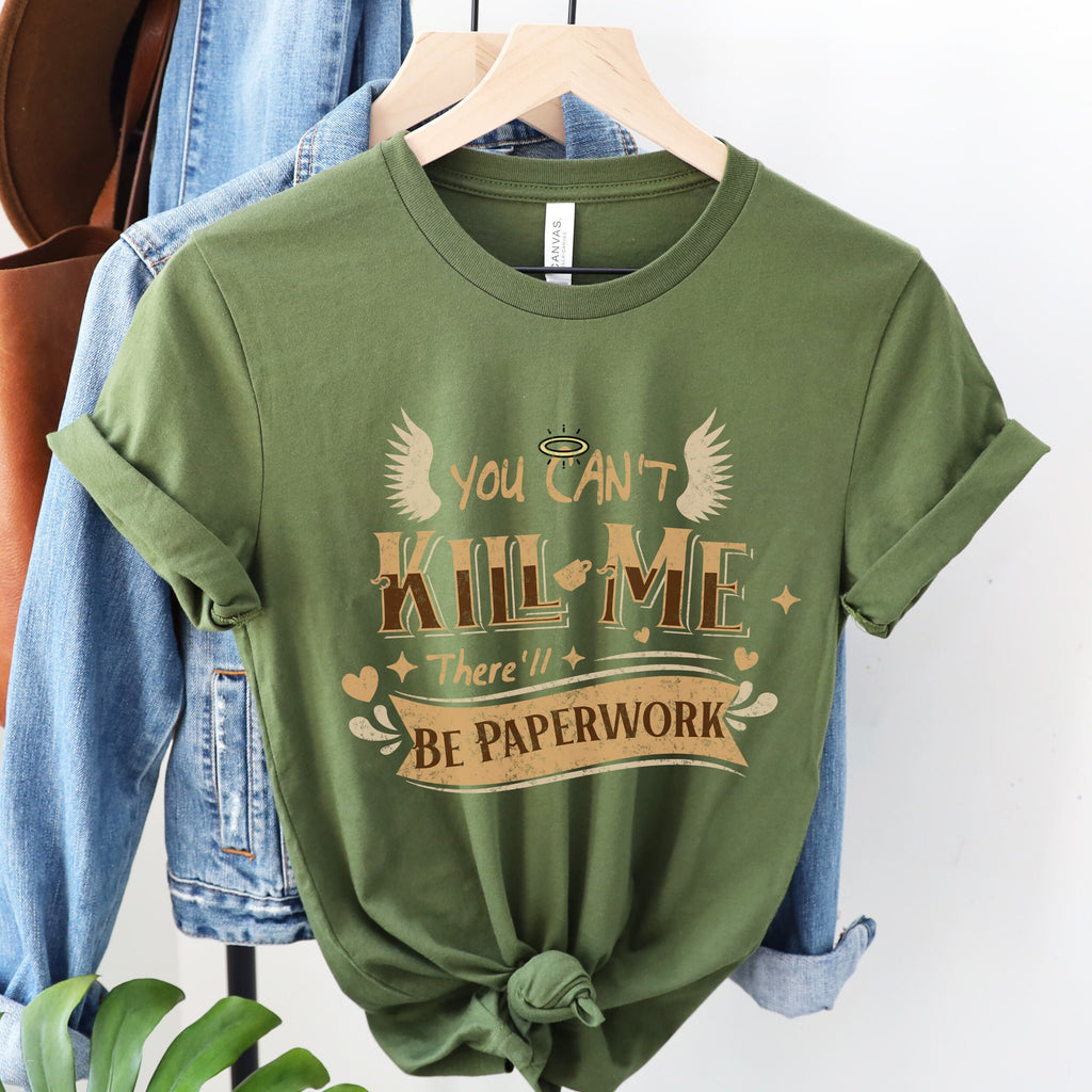 Good Omens Aziraphale graphic shirt featuring "There'll Be Paperwork" Fandom Tee