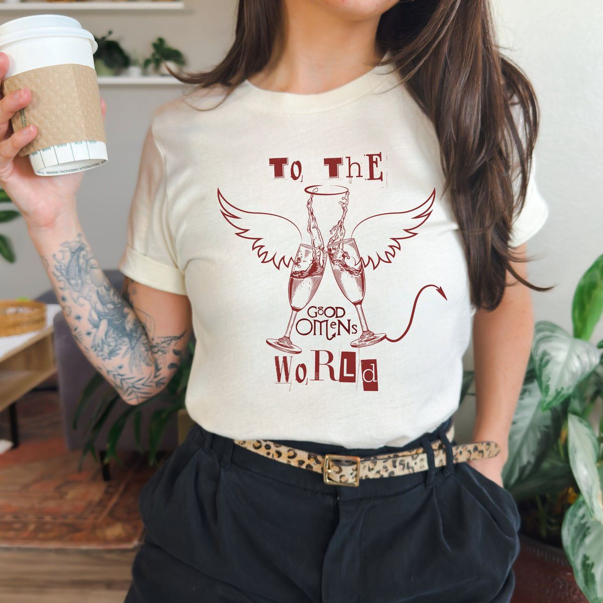 Good Omens graphic shirt featuring "To the World" Ineffable Husbands Crowley &