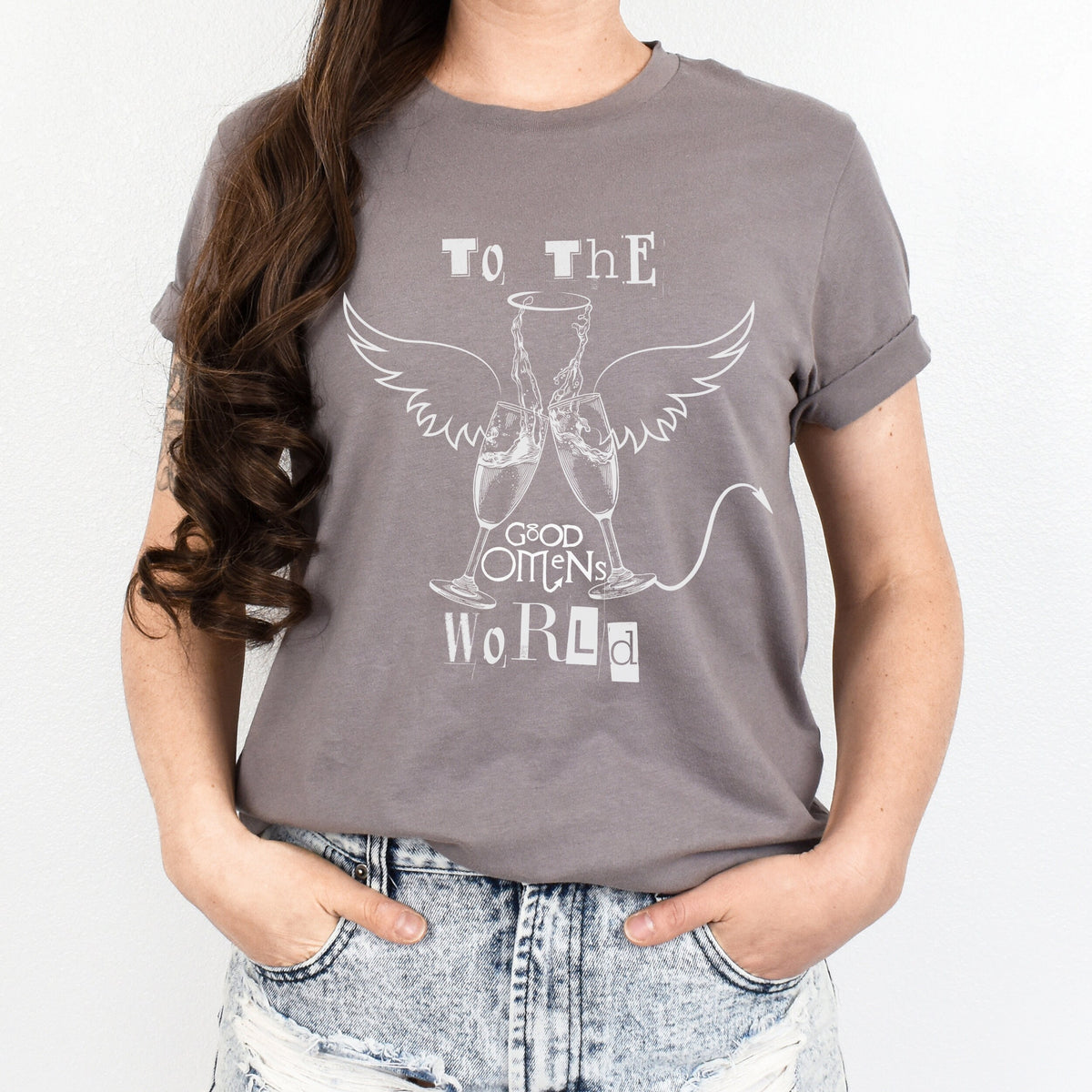 Good Omens graphic shirt featuring "To the World" Ineffable Husbands Crowley &