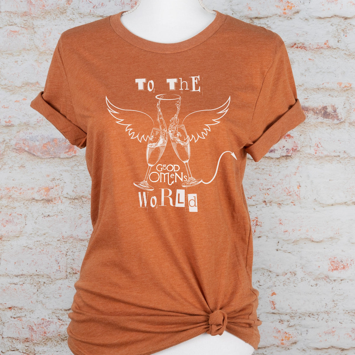 Good Omens graphic shirt featuring "To the World" Ineffable Husbands Crowley &