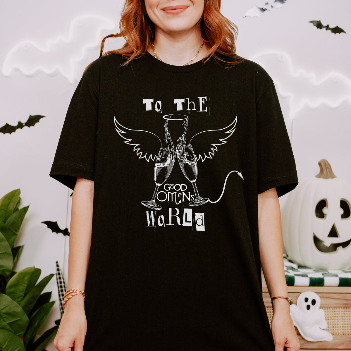 Good Omens graphic shirt featuring "To the World" Ineffable Husbands Crowley &