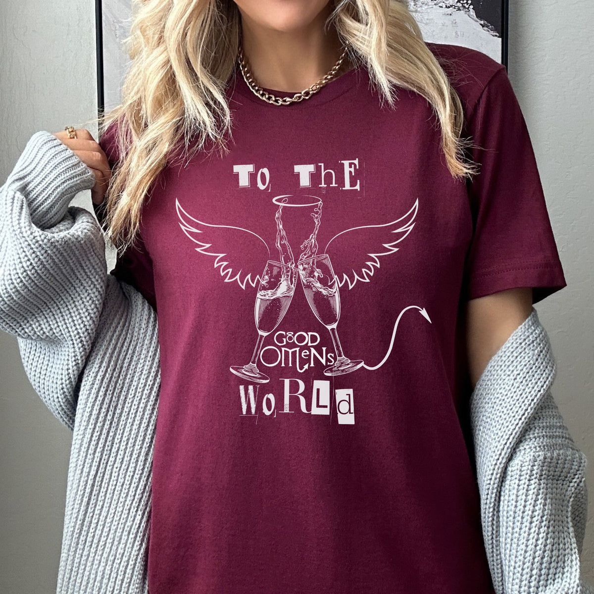 Good Omens graphic shirt featuring "To the World" Ineffable Husbands Crowley &
