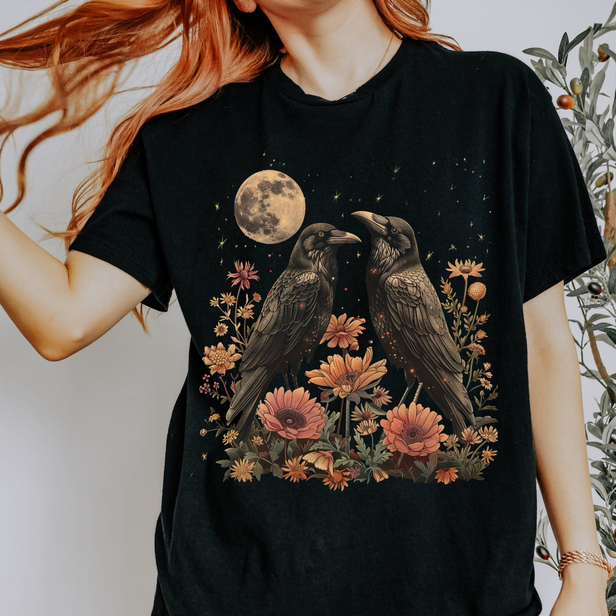 Celestial Ravens and Thistles graphic shirt featuring Bird Lover Moon Phase Floral in Black