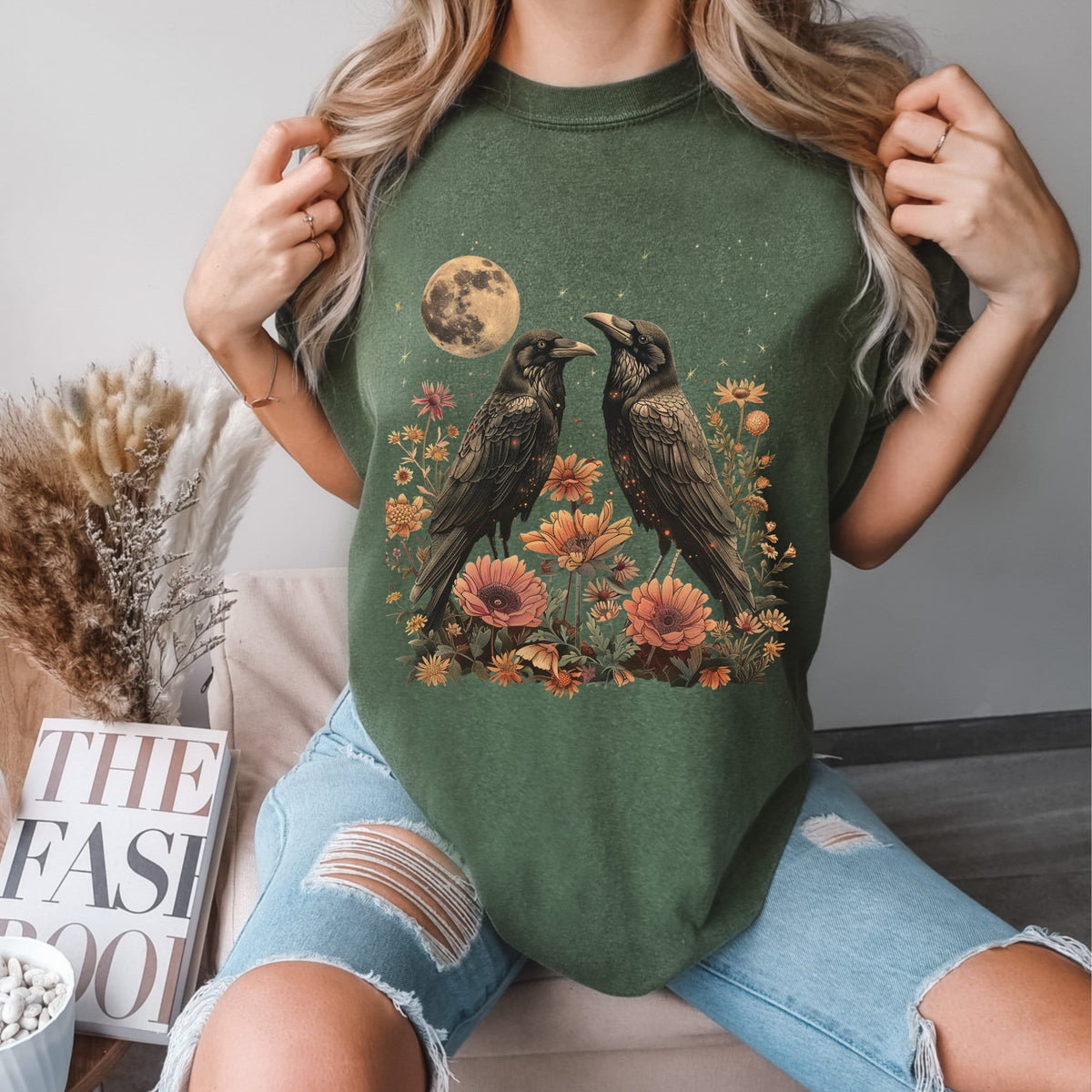 Celestial Ravens and Thistles graphic shirt featuring Bird Lover Moon Phase Floral