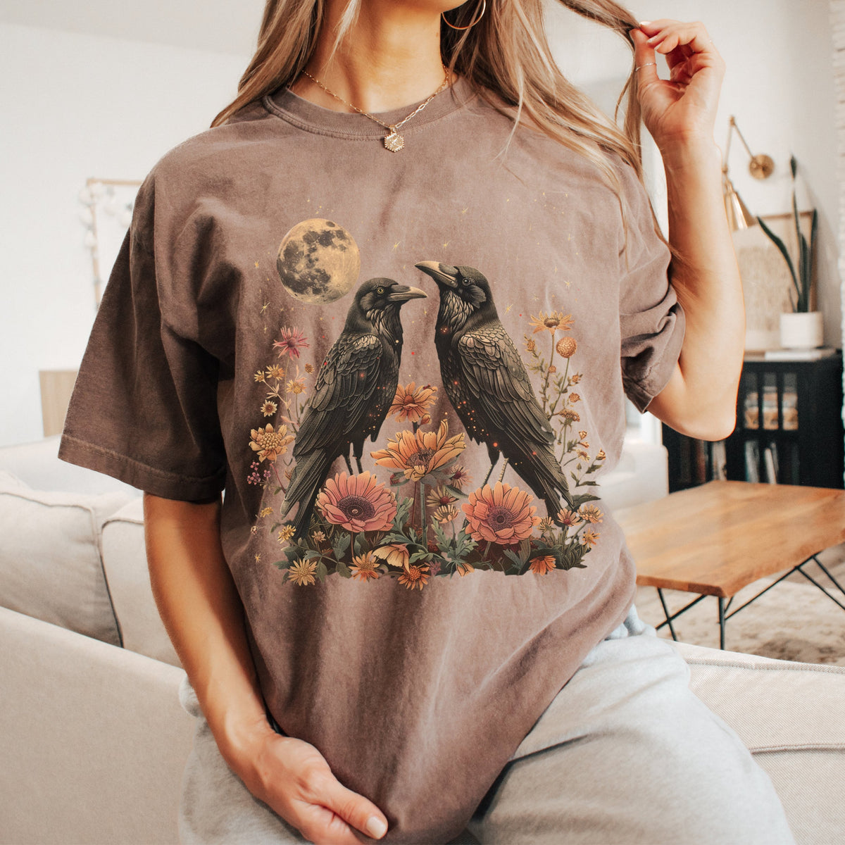 Celestial Ravens and Thistles graphic shirt featuring Bird Lover Moon Phase Floral