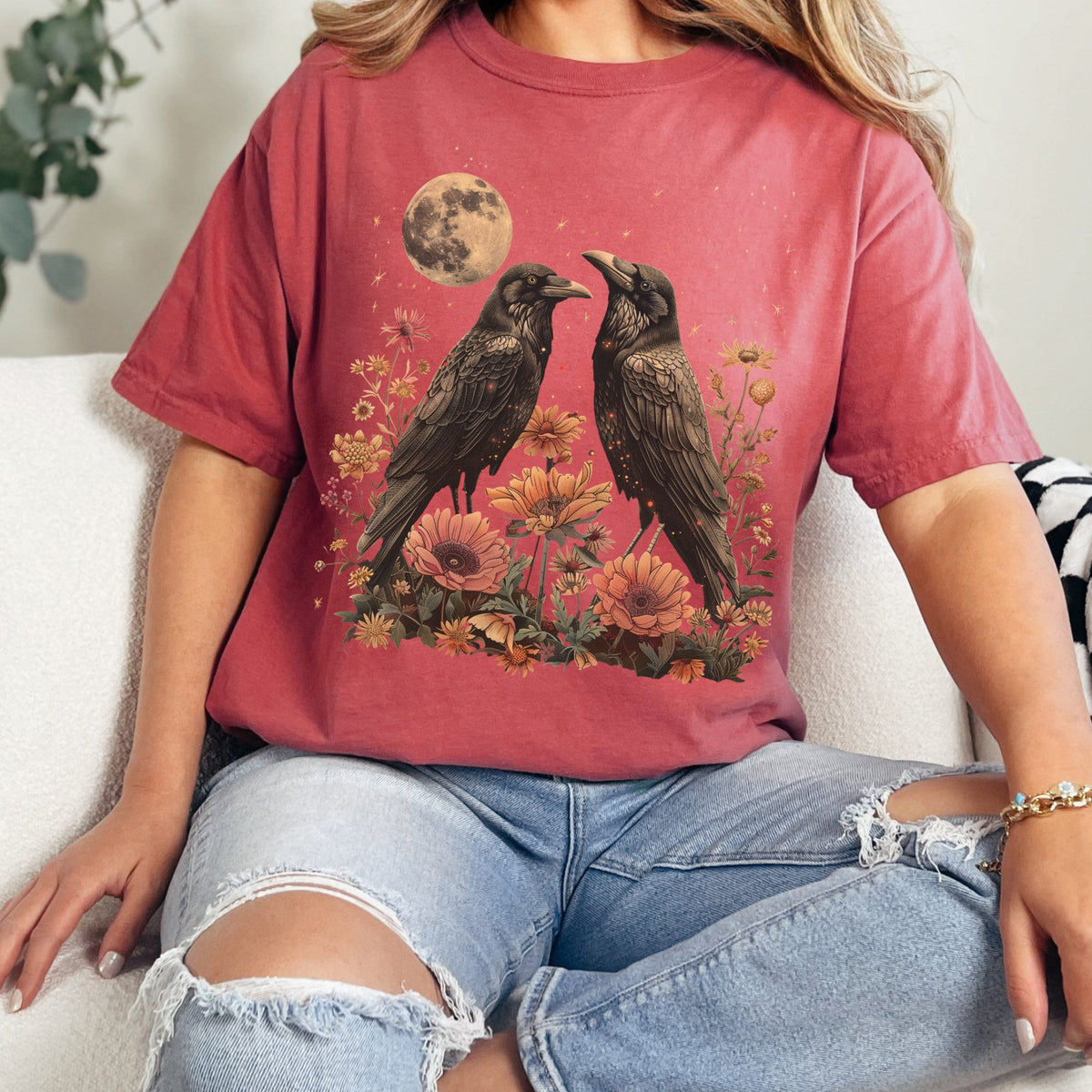 Celestial Ravens and Thistles graphic shirt featuring Bird Lover Moon Phase Floral