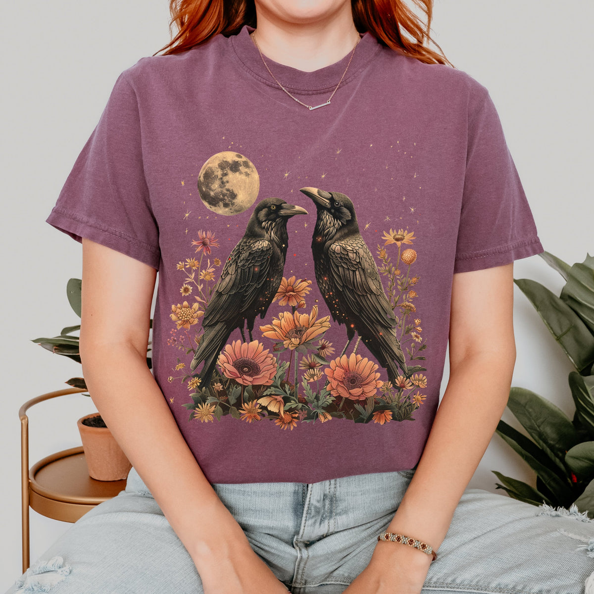 Celestial Ravens and Thistles graphic shirt featuring Bird Lover Moon Phase Floral