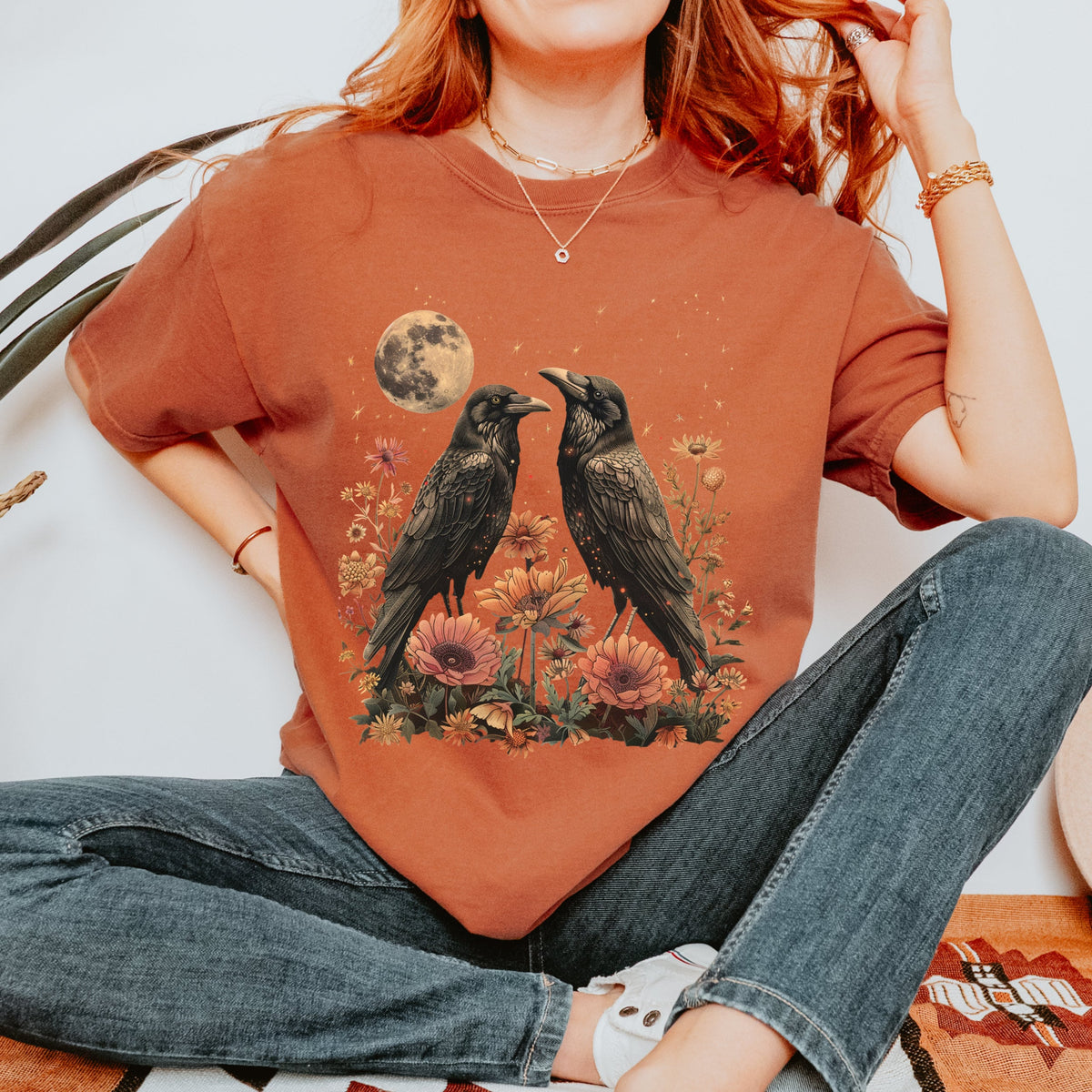 Celestial Ravens and Thistles graphic shirt featuring Bird Lover Moon Phase Floral