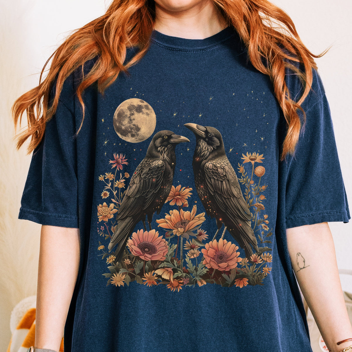 Celestial Ravens and Thistles graphic shirt featuring Bird Lover Moon Phase Floral
