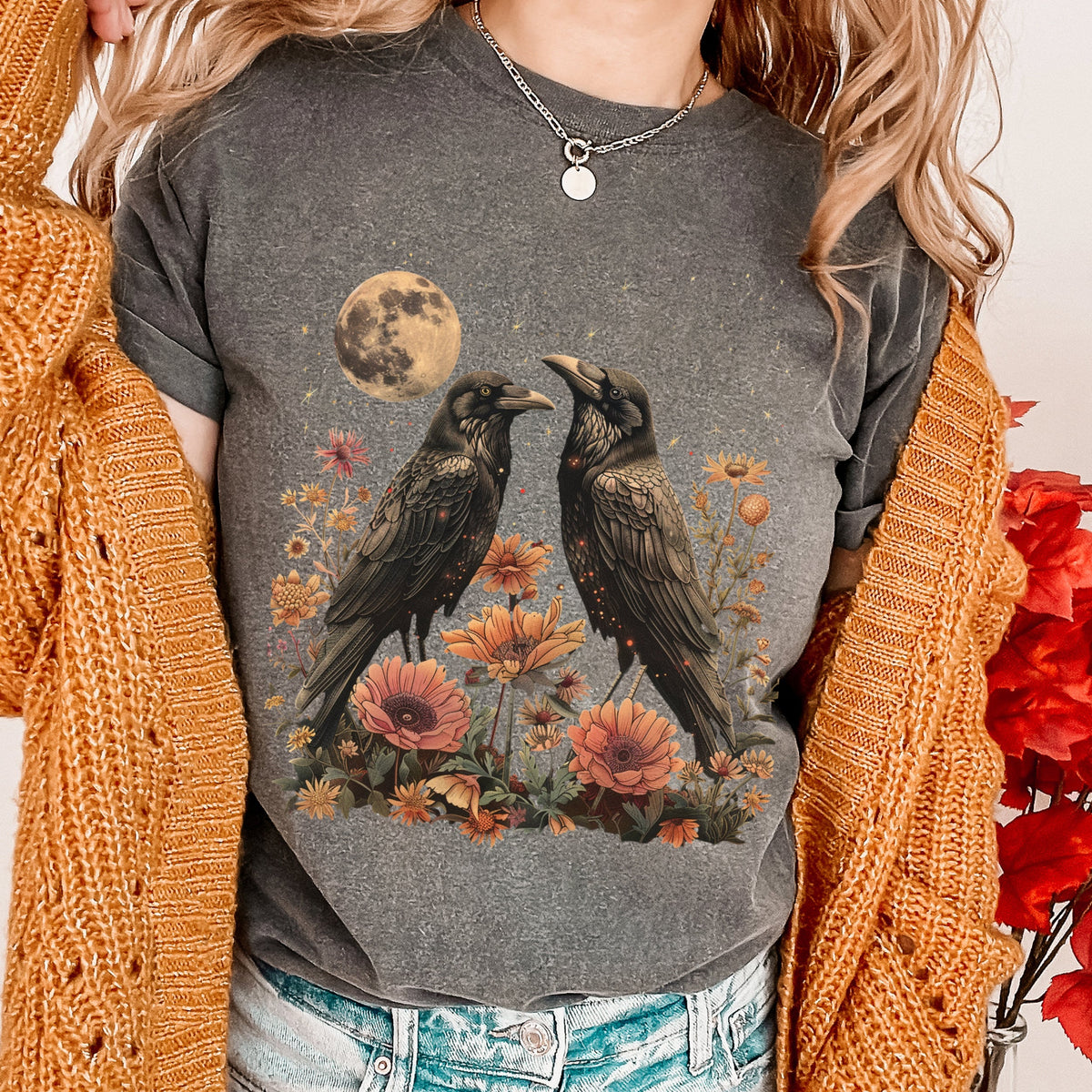 Celestial Ravens and Thistles graphic shirt featuring Bird Lover Moon Phase Floral