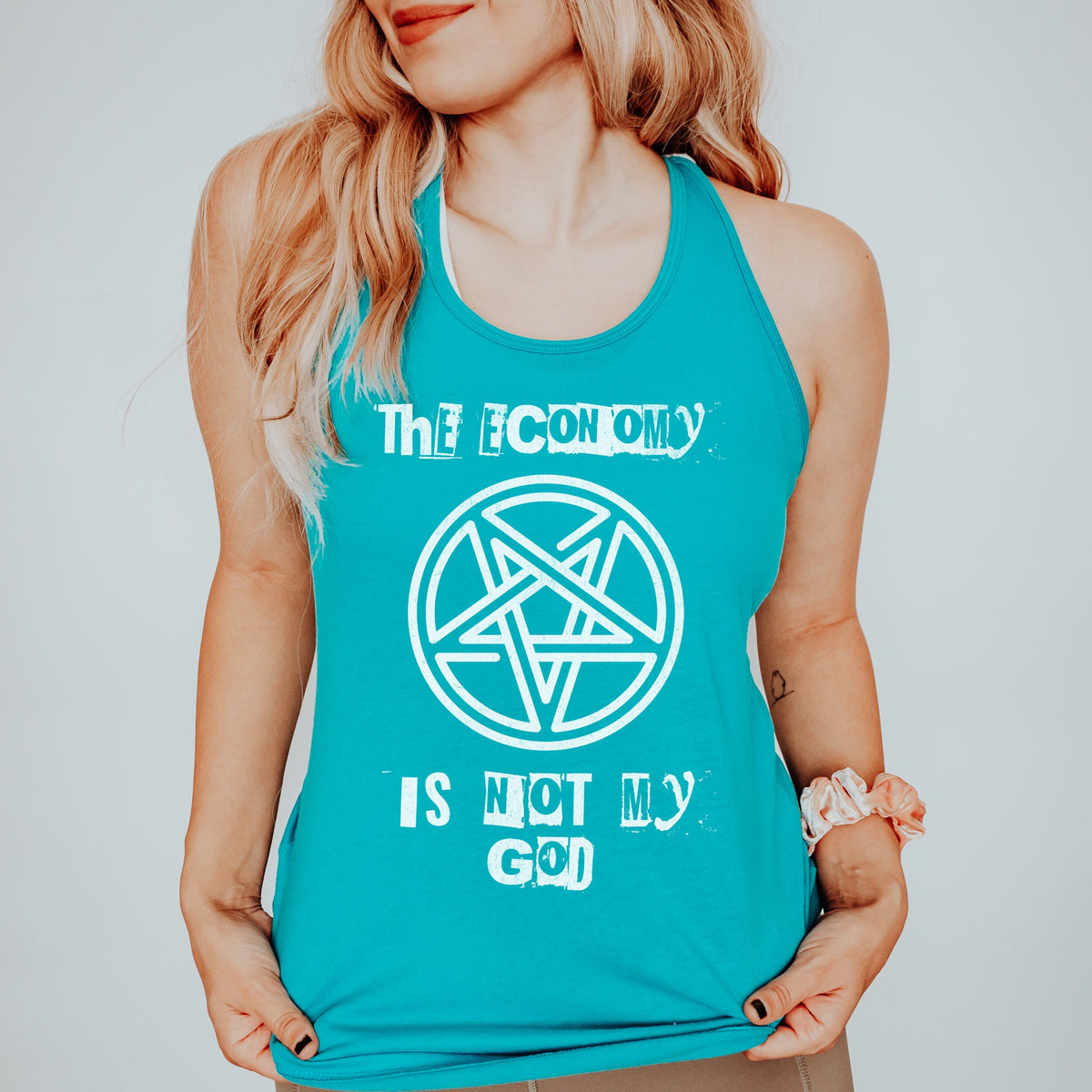 The Economy Is Not My God Activist graphic tank top featuring Pentagram Protest Political Shirt