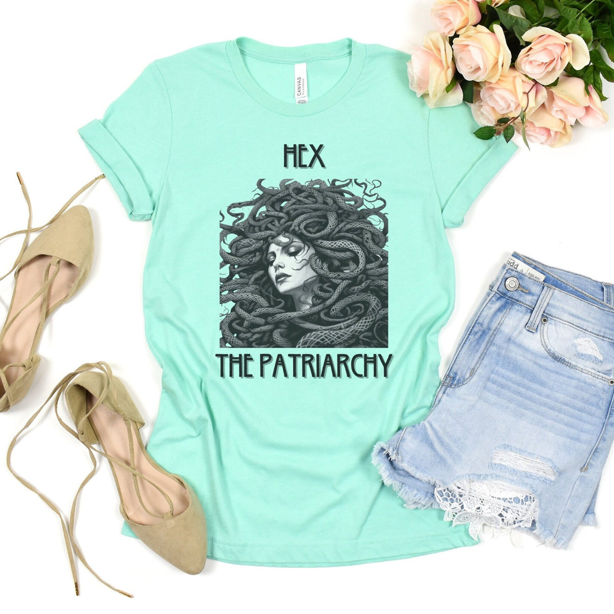 Hex The Patriarchy graphic shirt featuring Feminist & Medusa Tattoo Art Graphic Shirt