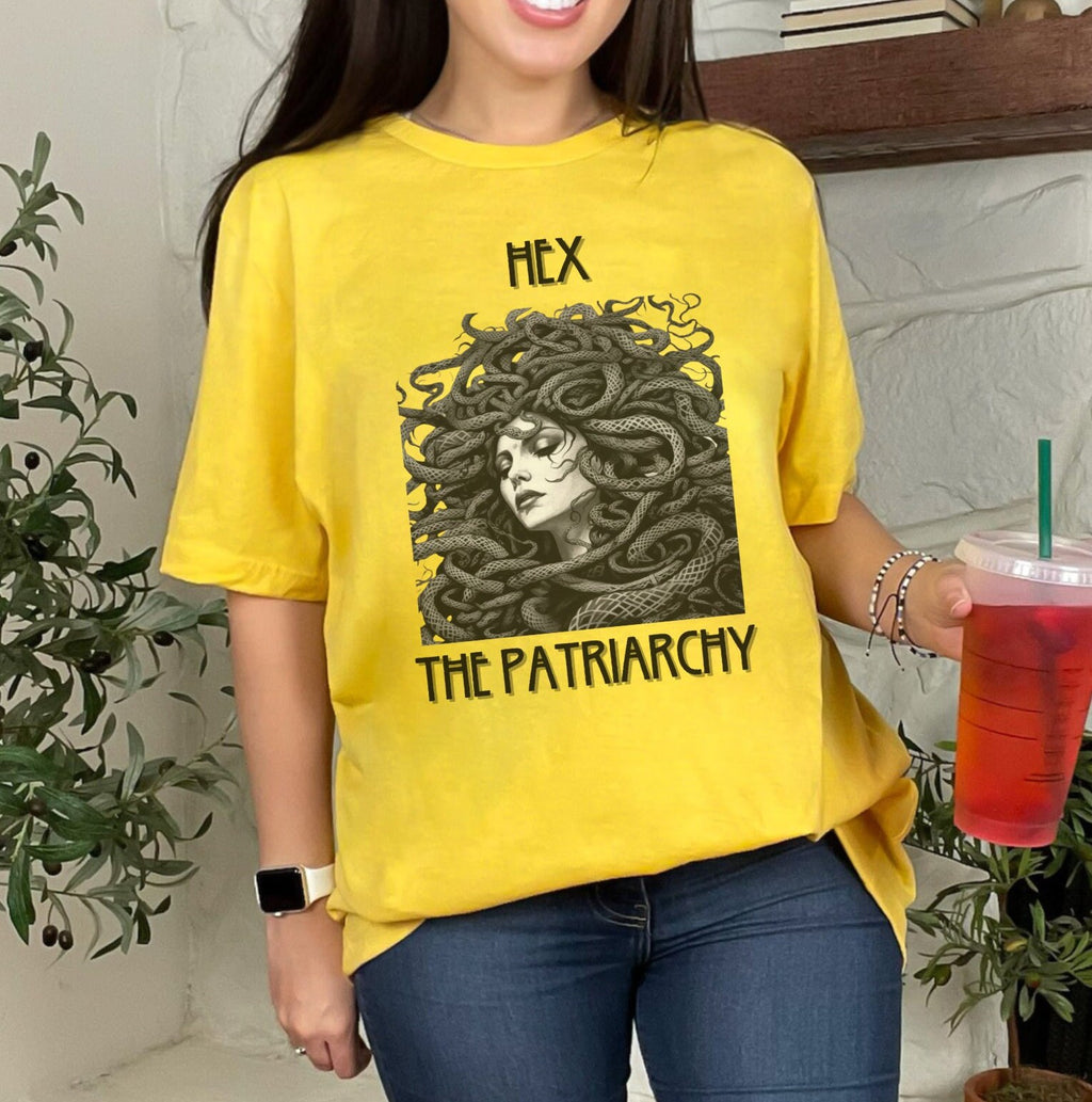 Hex The Patriarchy graphic shirt featuring Feminist & Medusa Tattoo Art Graphic Shirt