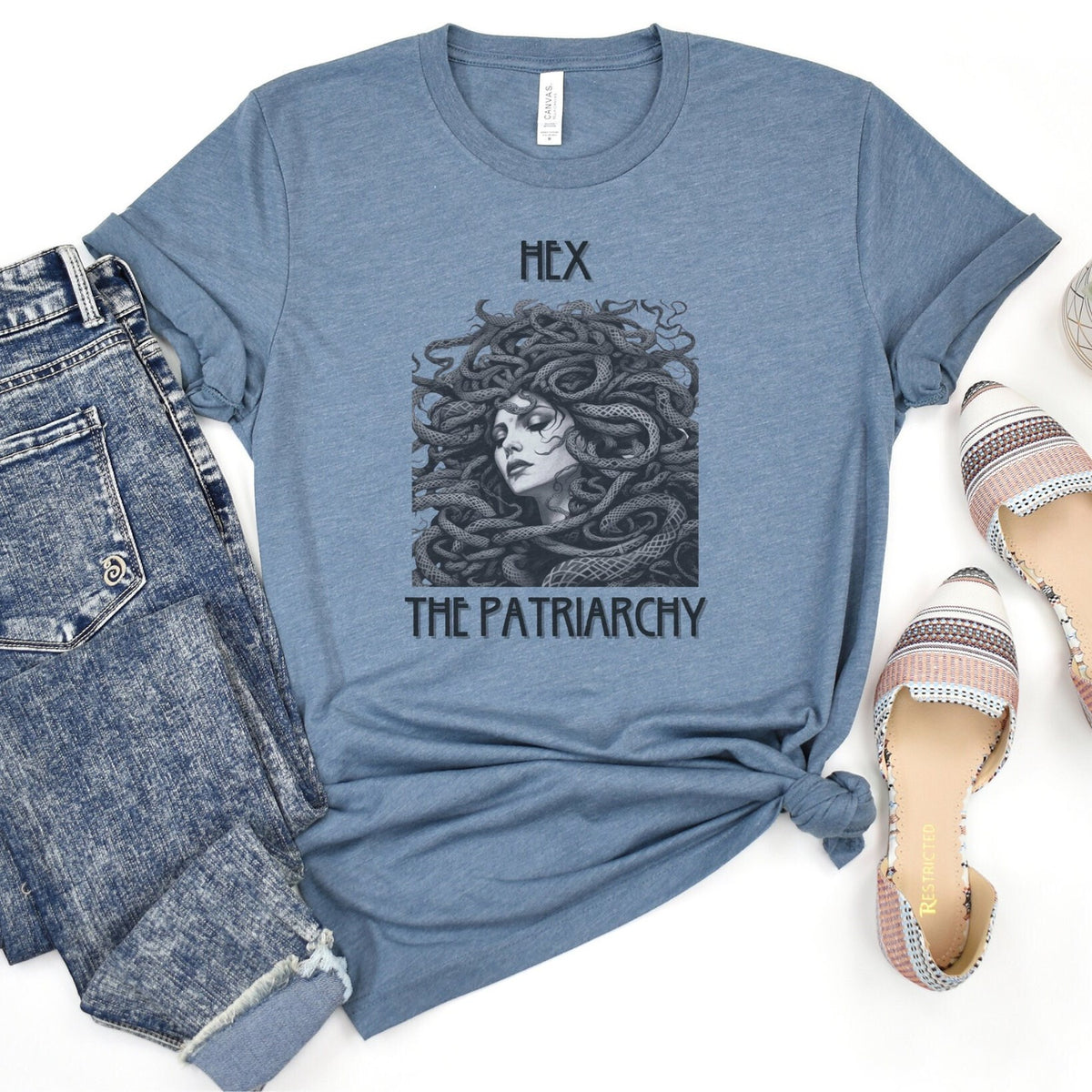 Hex The Patriarchy graphic shirt featuring Feminist & Medusa Tattoo Art Graphic Shirt
