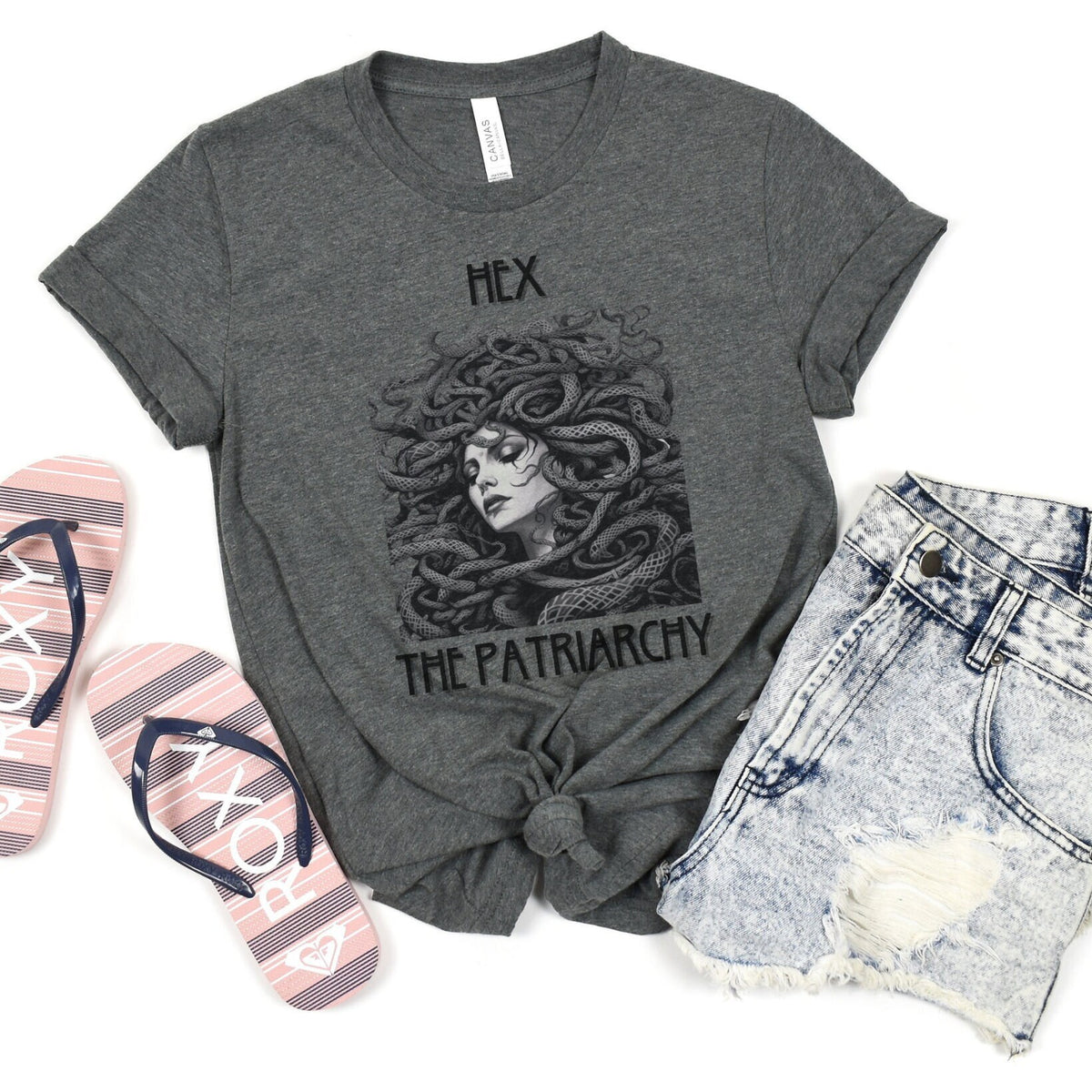 Hex The Patriarchy graphic shirt featuring Feminist & Medusa Tattoo Art Graphic Shirt