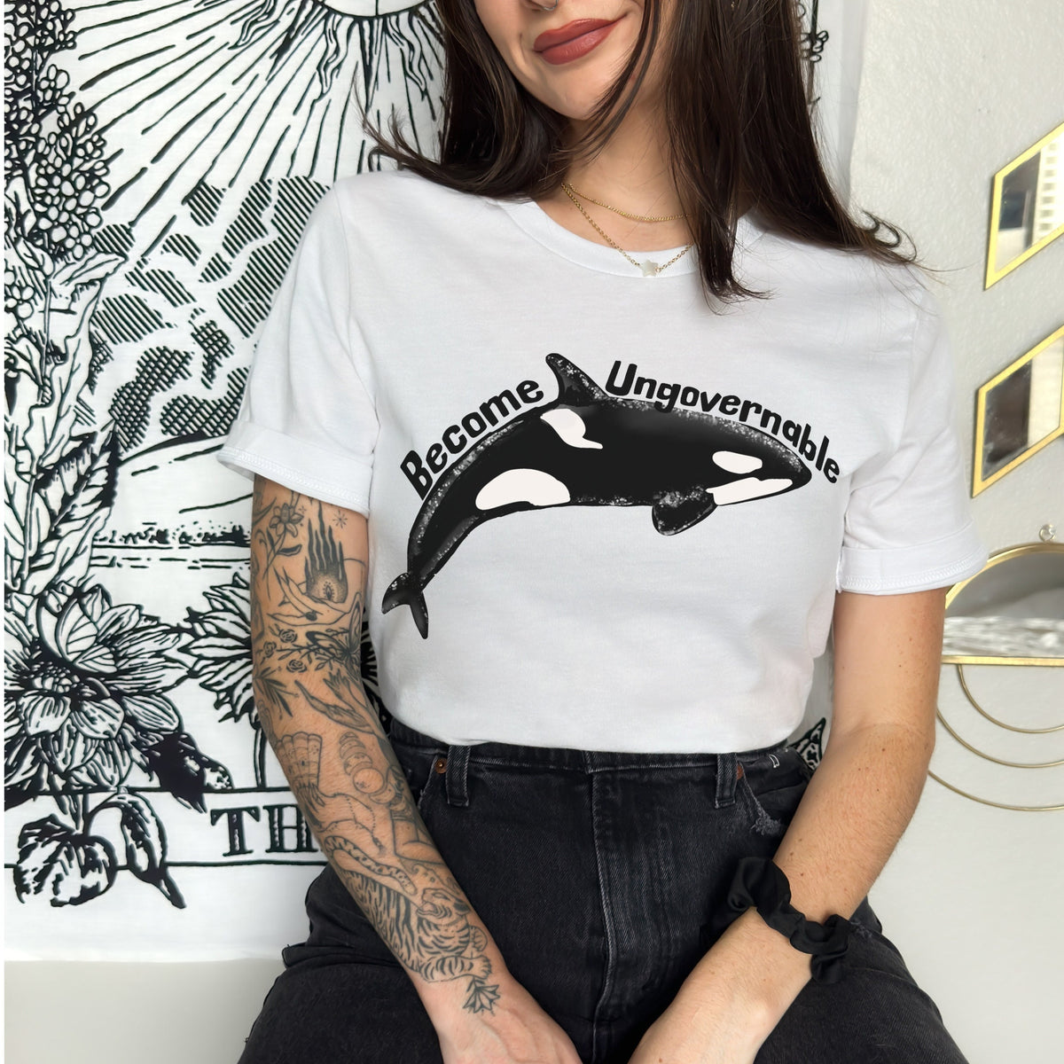 Become Ungovernable Orca graphic shirt featuring Killer Whale Anarchist & Feminist Graphic
