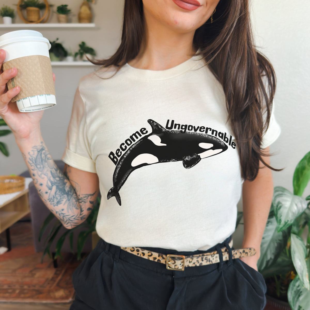 Become Ungovernable Orca graphic shirt featuring Killer Whale Anarchist & Feminist Graphic