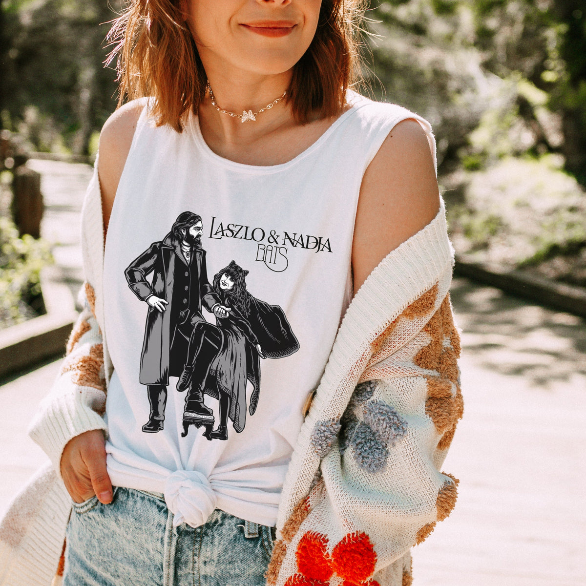 What We Do in the Shadows graphic tank top featuring Laszlo & Nadja Vampire Comedy Graphic Shirt in Chambray