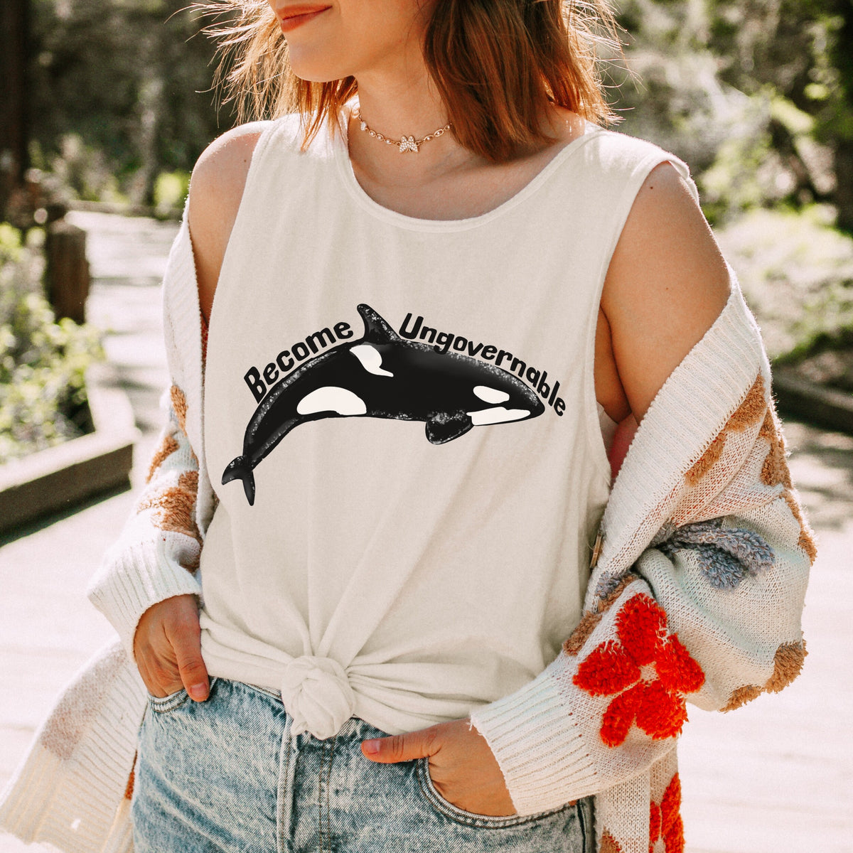 Become Ungovernable Orca Garment-Dyed graphic tank top featuring Killer Whale Anarchist & Feminist Graphic