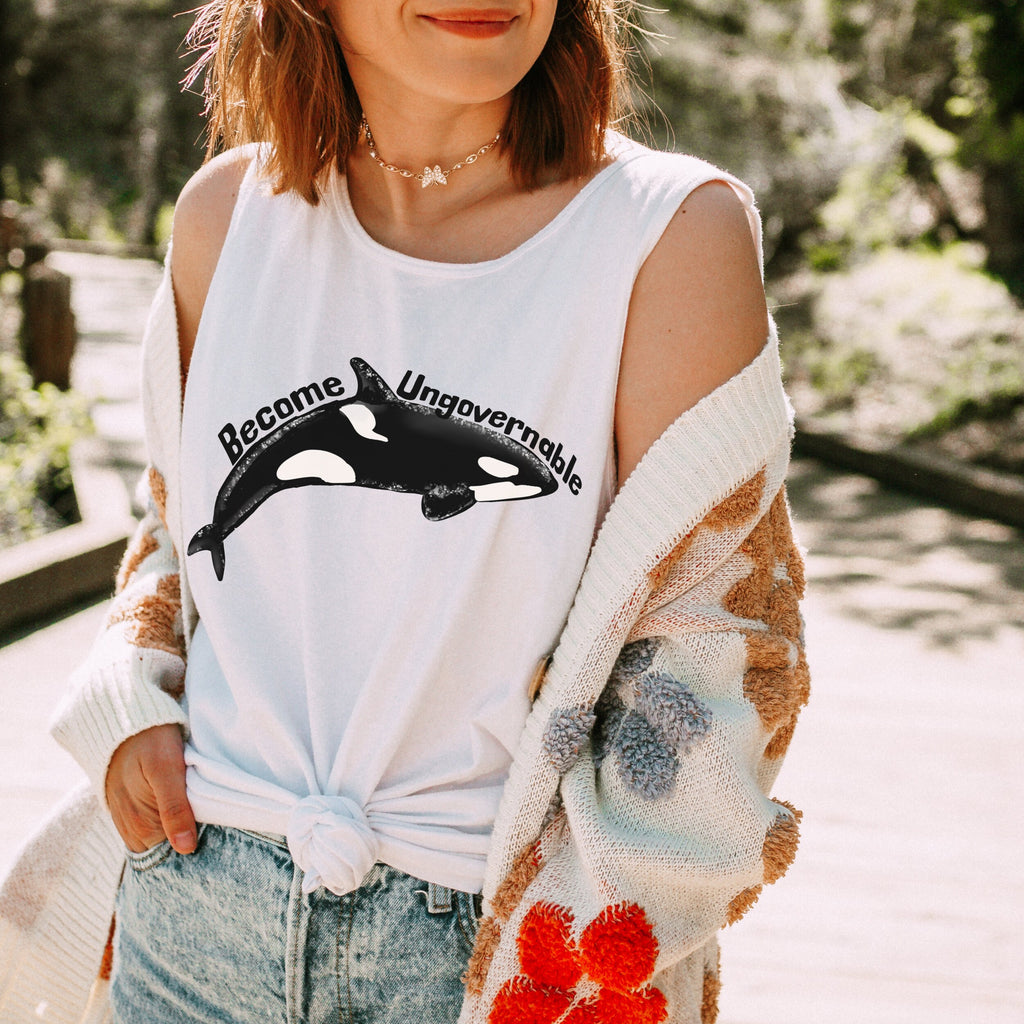 Become Ungovernable Orca Garment-Dyed graphic tank top featuring Killer Whale Anarchist & Feminist Graphic in Chambray