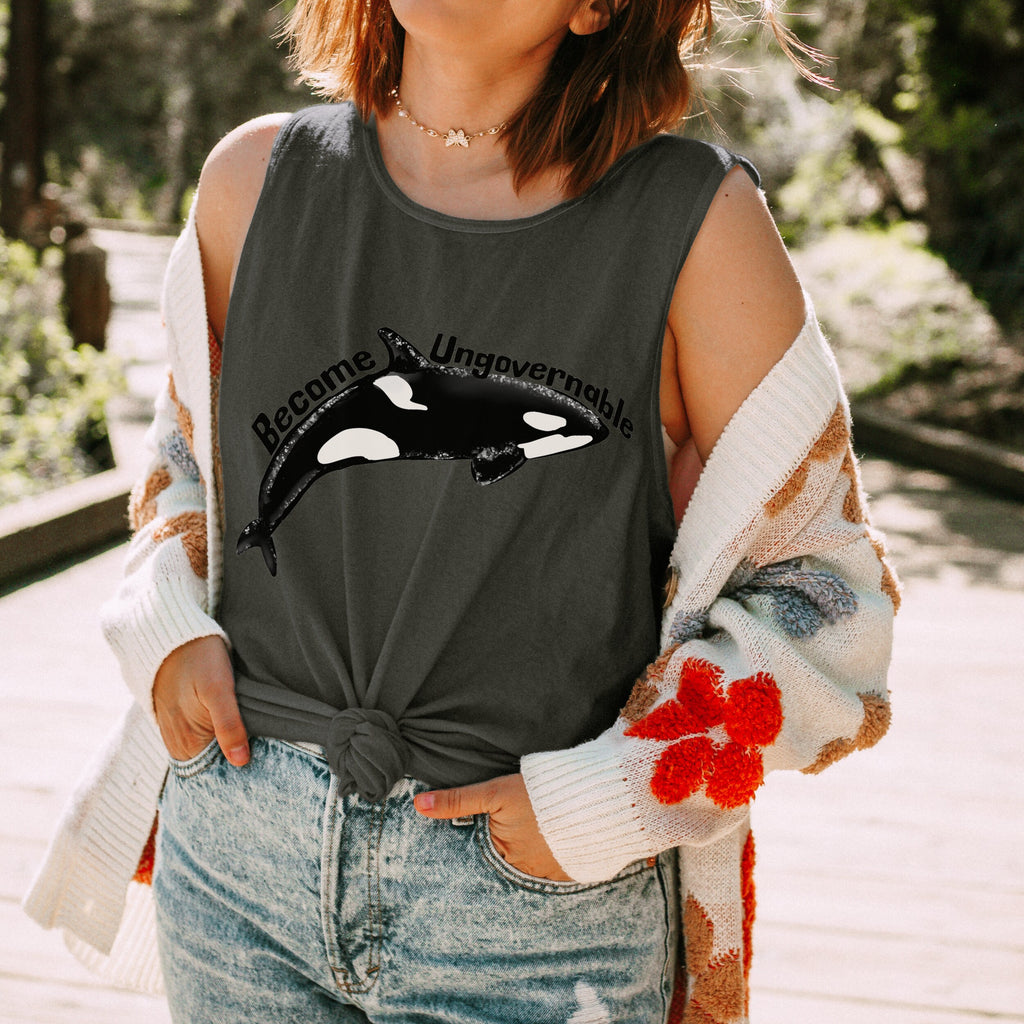 Become Ungovernable Orca Garment-Dyed graphic tank top featuring Killer Whale Anarchist & Feminist Graphic